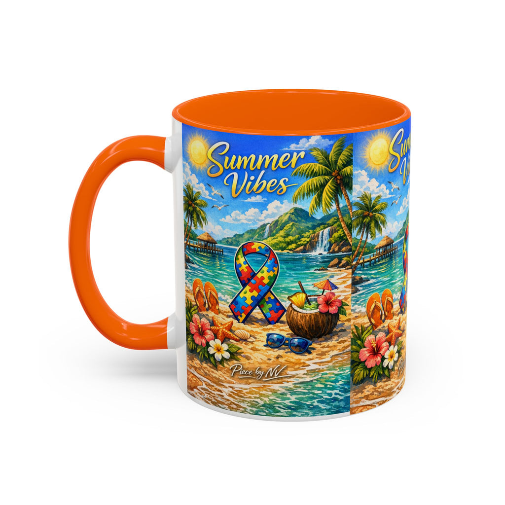 Tropical Palm Sunrise Mug | Ceramic Accent Coffee Mug 11oz 15oz, Summer Vibes Autism Awareness Mug – Tropical Beach Puzzle Ribbon Design