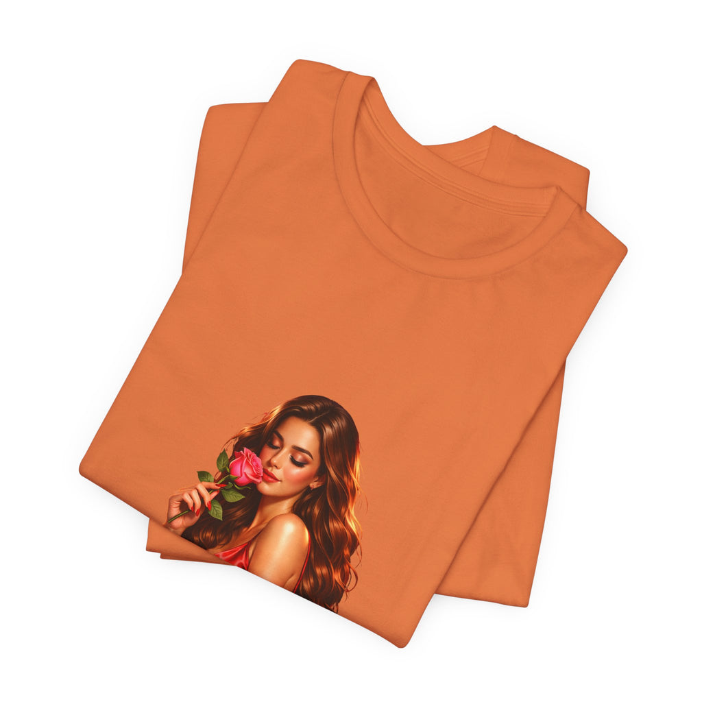 Woman with Rose Portrait Tee | Glamorous Red Dress Illustration