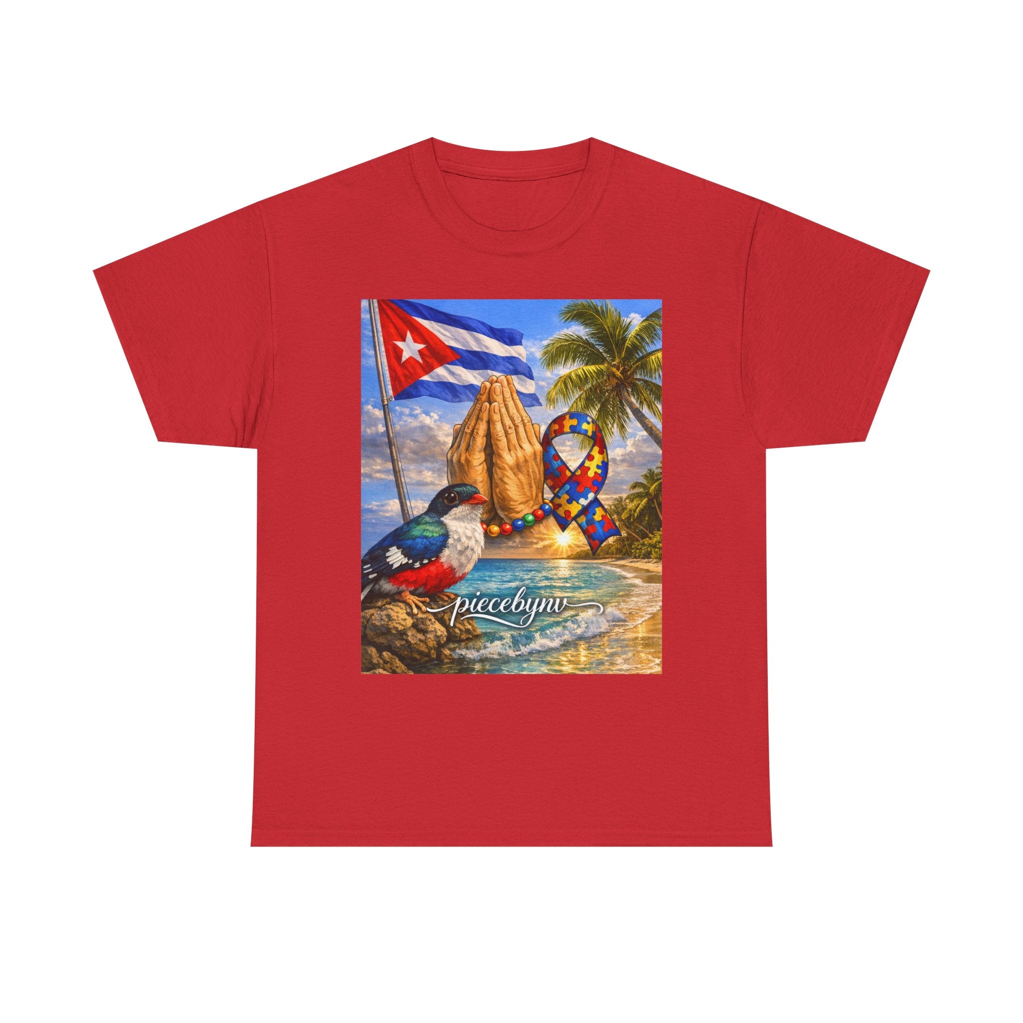 Cuban Beach Scene Prayer Hands T-Shirt | Cuban Flag, Tropical Palms, Hummingbird
