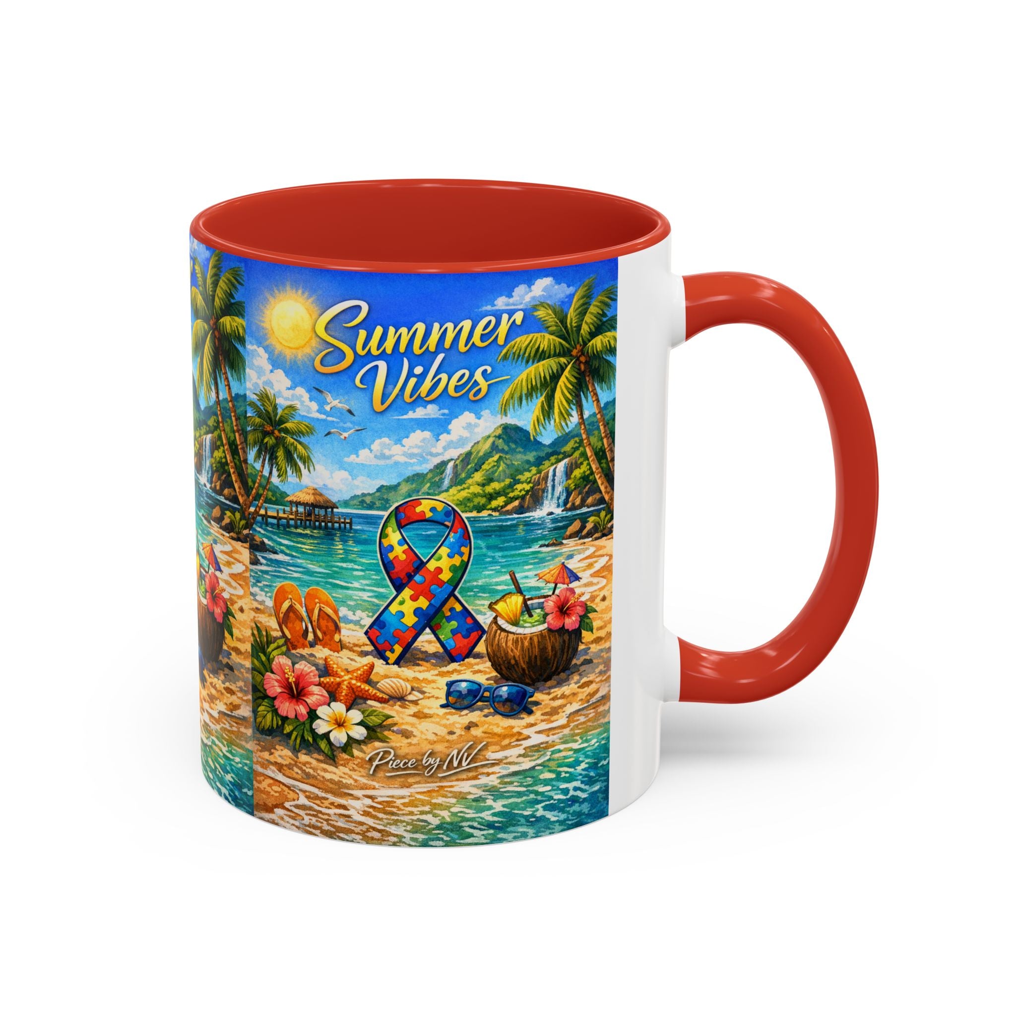 Tropical Palm Sunrise Mug | Ceramic Accent Coffee Mug 11oz 15oz, Summer Vibes Autism Awareness Mug – Tropical Beach Puzzle Ribbon Design