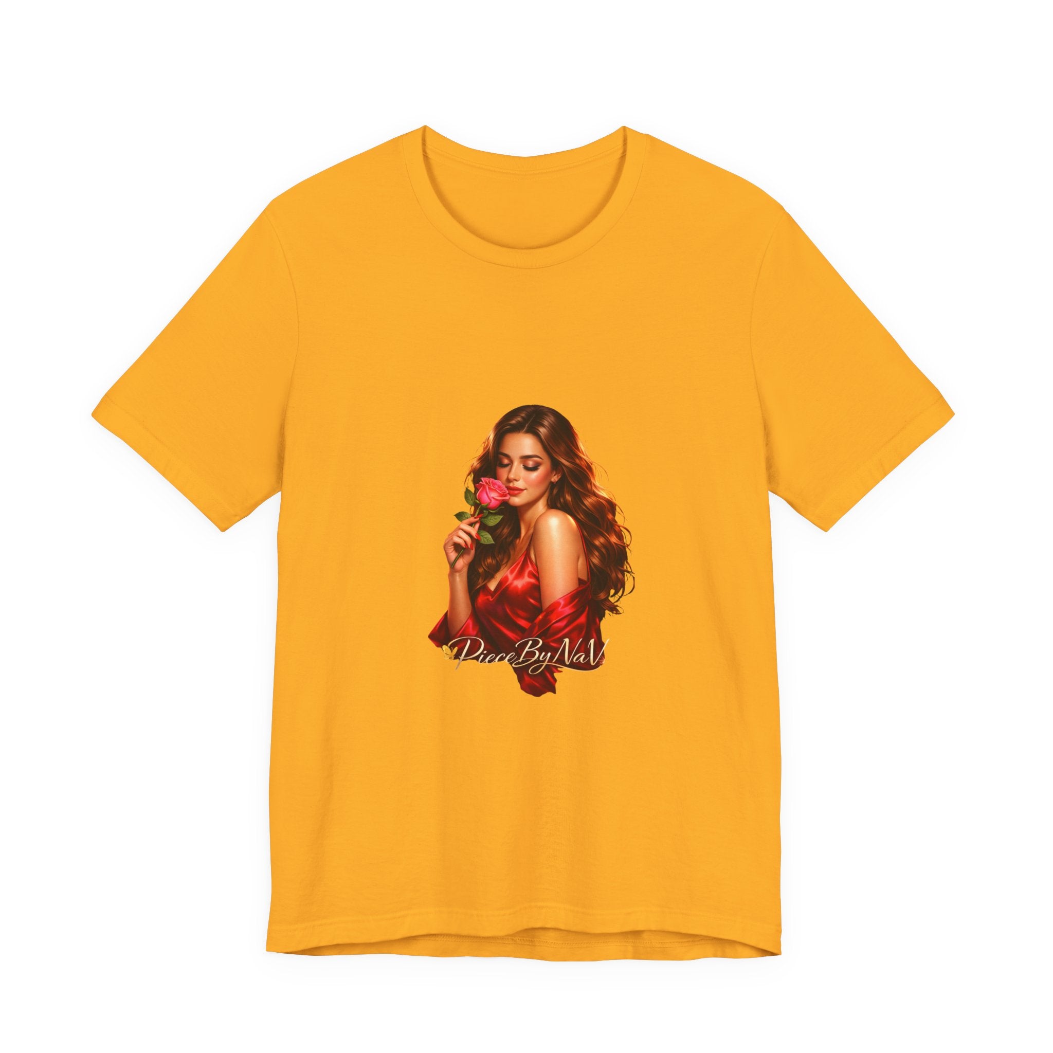 Woman with Rose Portrait Tee | Glamorous Red Dress Illustration