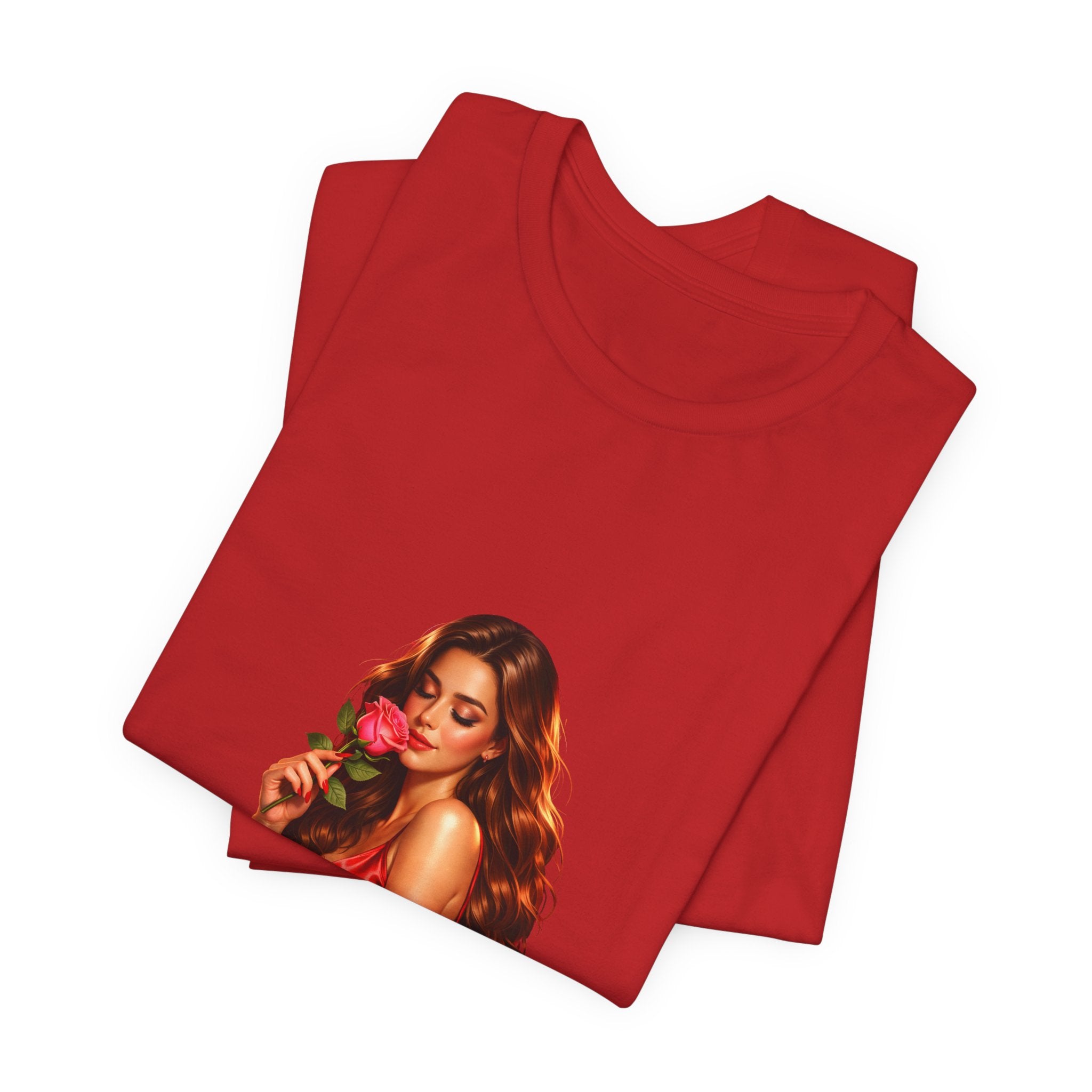 Woman with Rose Portrait Tee | Glamorous Red Dress Illustration