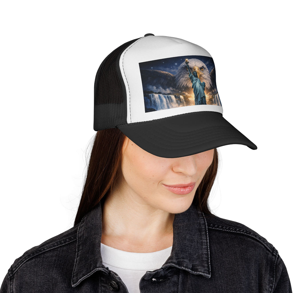 Statue of Liberty Eagle Scene Trucker Cap | Patriotic USA Design