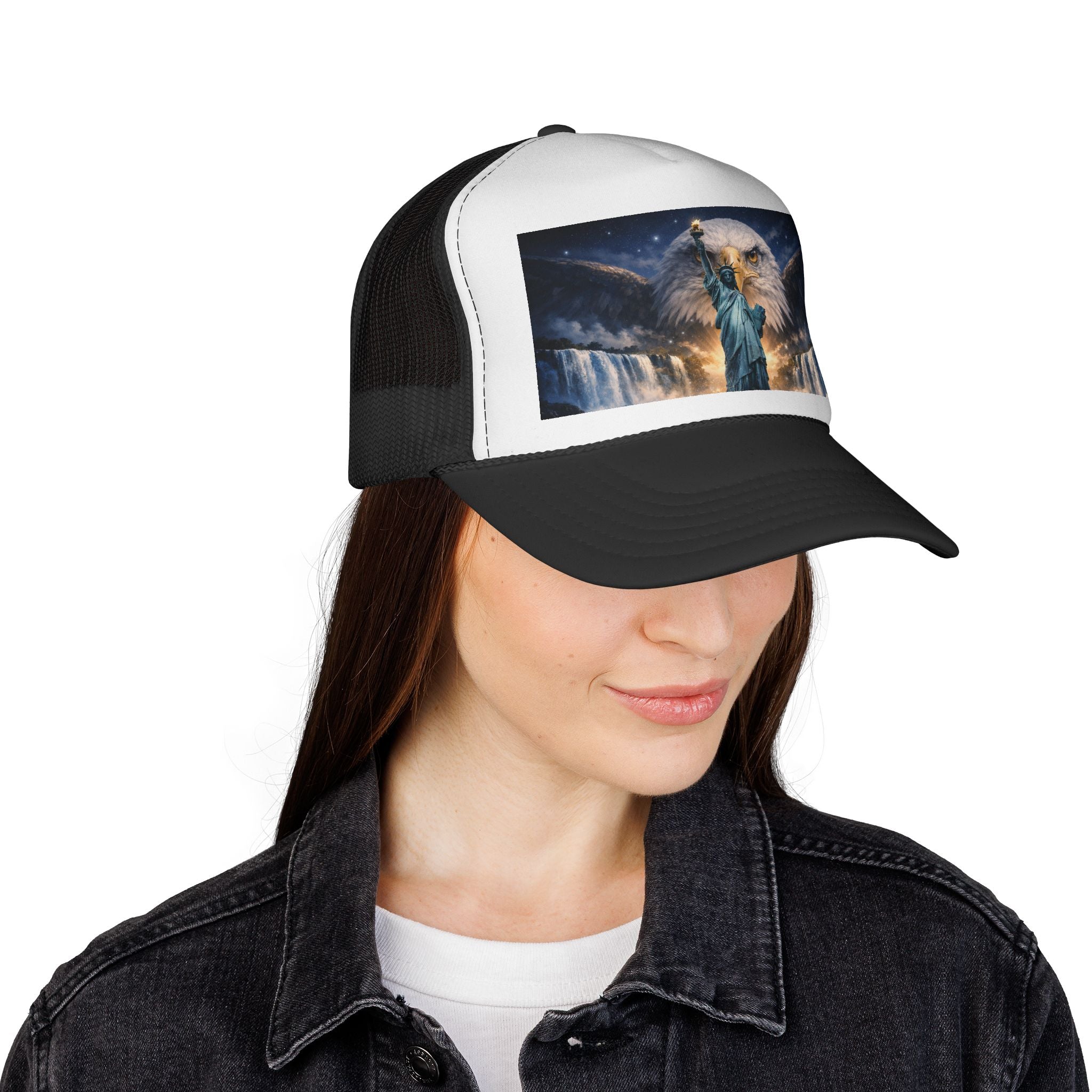 Statue of Liberty Eagle Scene Trucker Cap | Patriotic USA Design