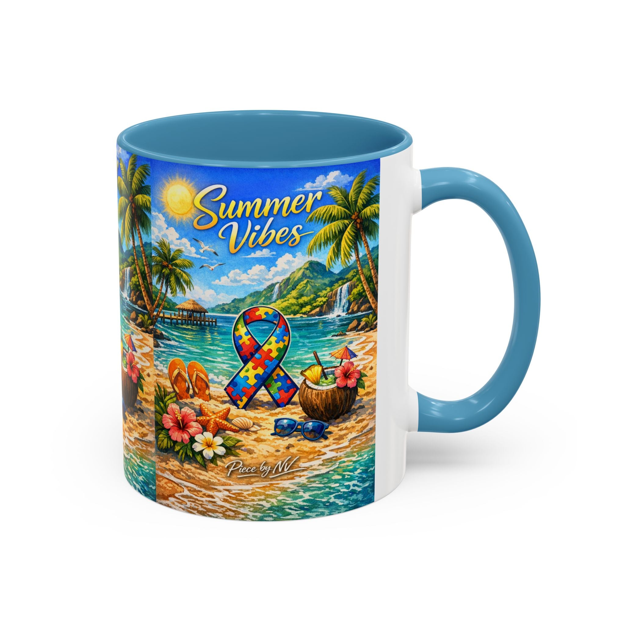 Tropical Palm Sunrise Mug | Ceramic Accent Coffee Mug 11oz 15oz, Summer Vibes Autism Awareness Mug – Tropical Beach Puzzle Ribbon Design