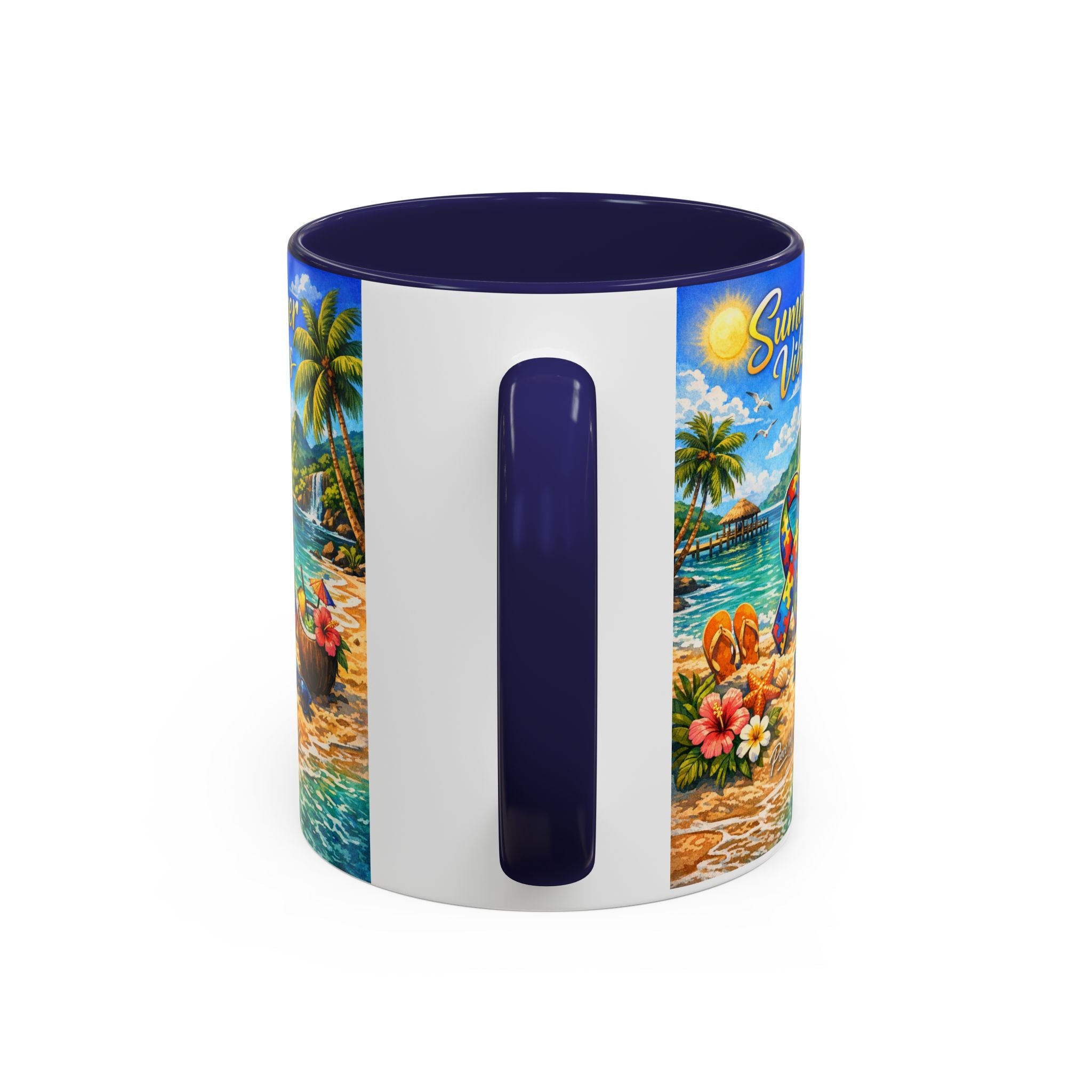 Tropical Palm Sunrise Mug | Ceramic Accent Coffee Mug 11oz 15oz, Summer Vibes Autism Awareness Mug – Tropical Beach Puzzle Ribbon Design