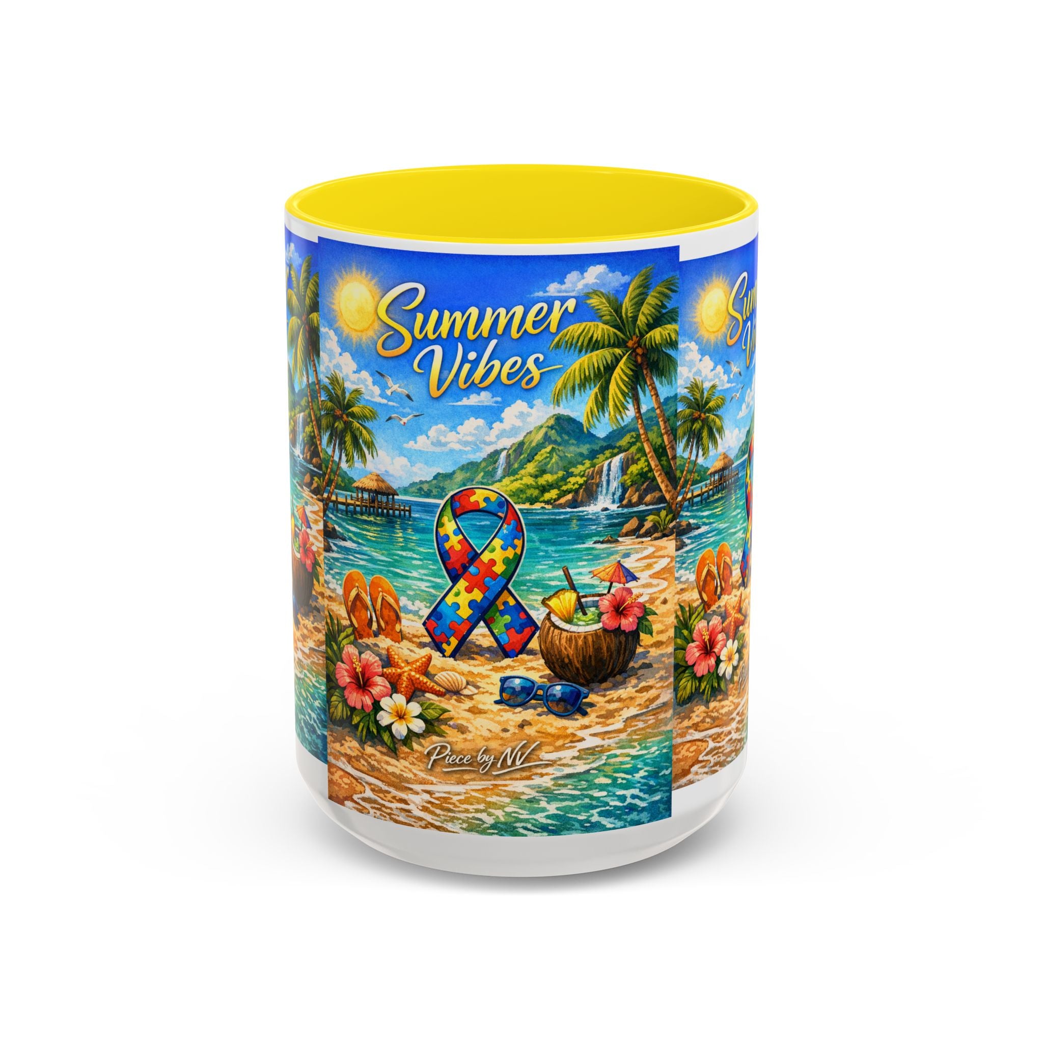 Tropical Palm Sunrise Mug | Ceramic Accent Coffee Mug 11oz 15oz, Summer Vibes Autism Awareness Mug – Tropical Beach Puzzle Ribbon Design