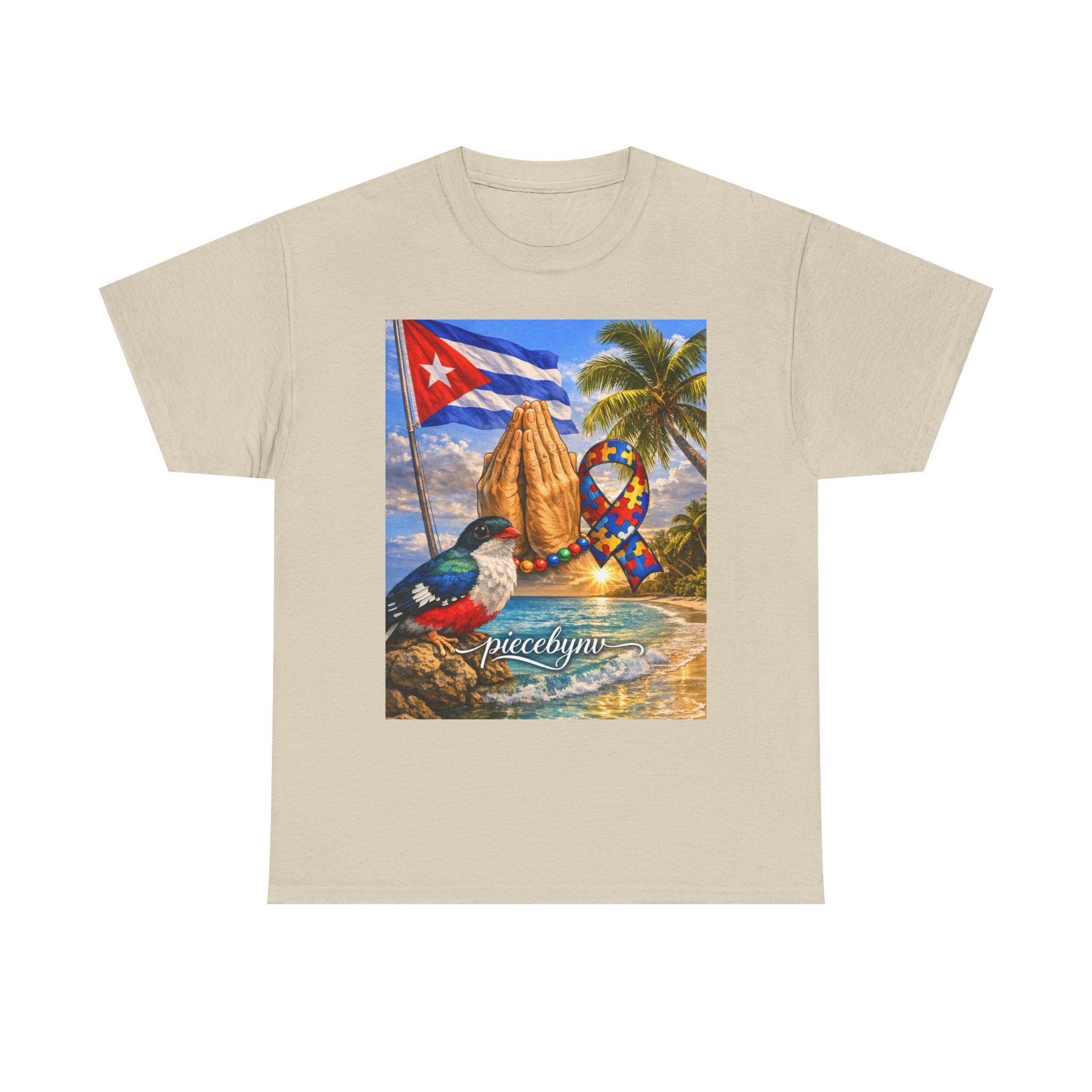 Cuban Beach Scene Prayer Hands T-Shirt | Cuban Flag, Tropical Palms, Hummingbird