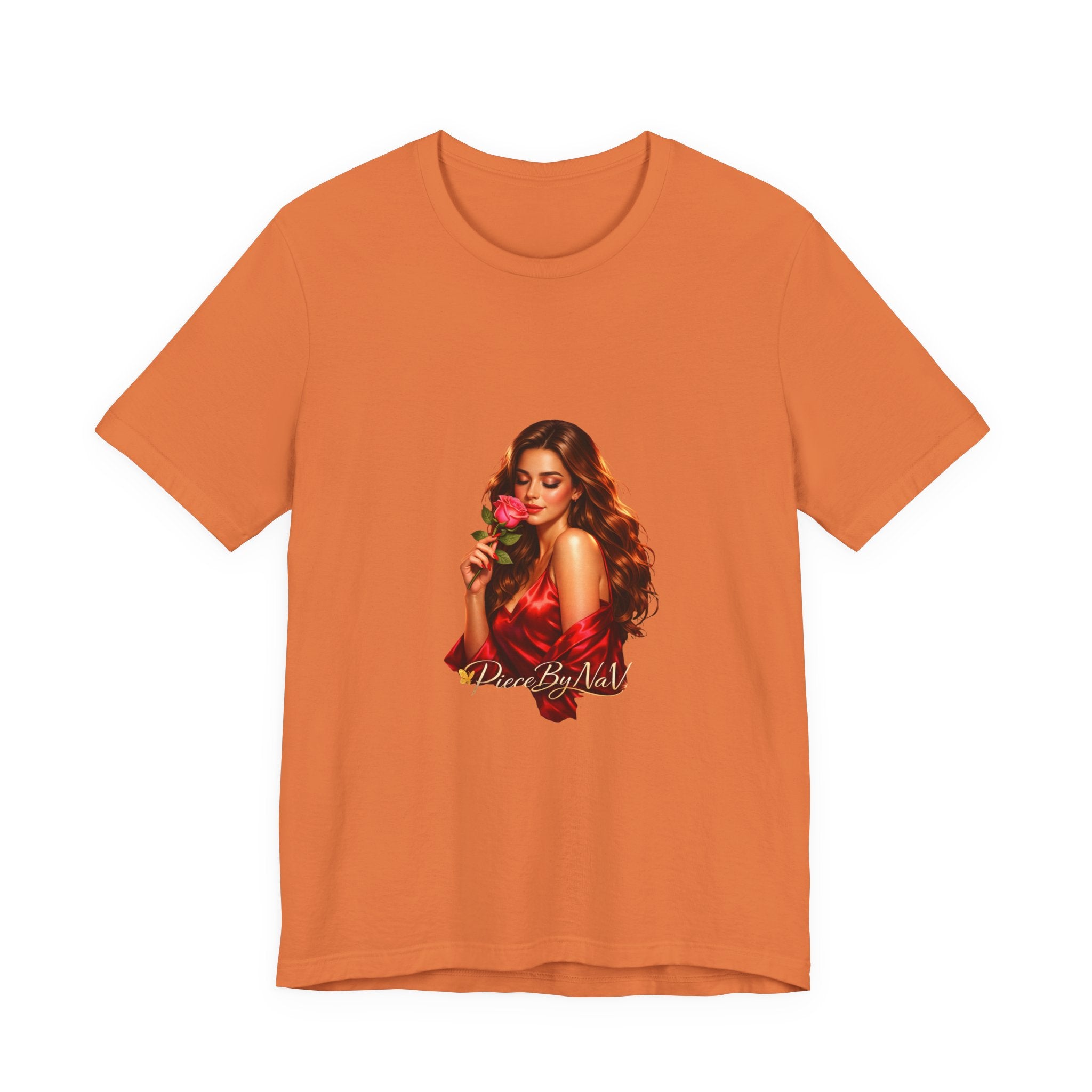 Woman with Rose Portrait Tee | Glamorous Red Dress Illustration