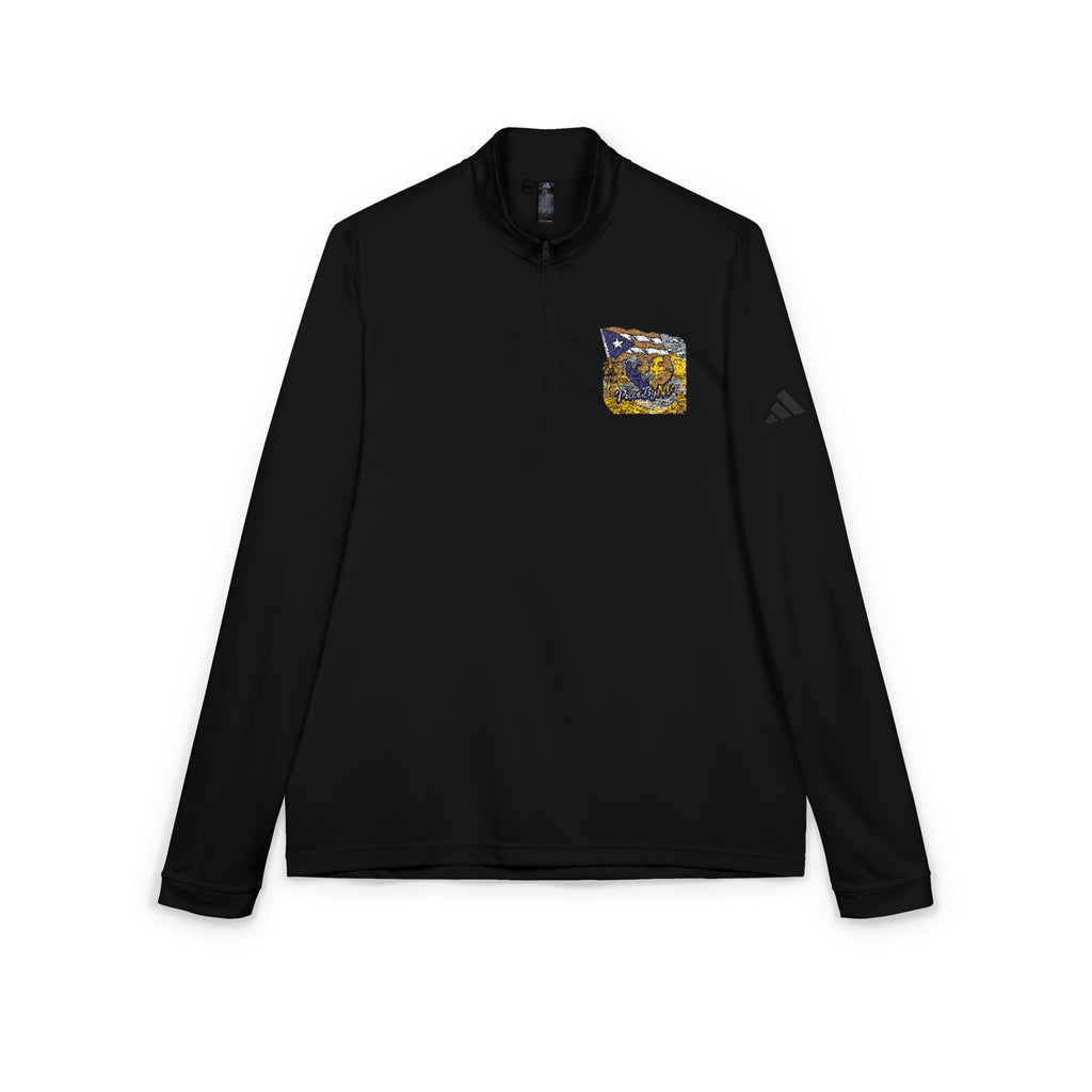 Embroidered Quarter-Zip Pullover — Abstract Gold & Navy Patch