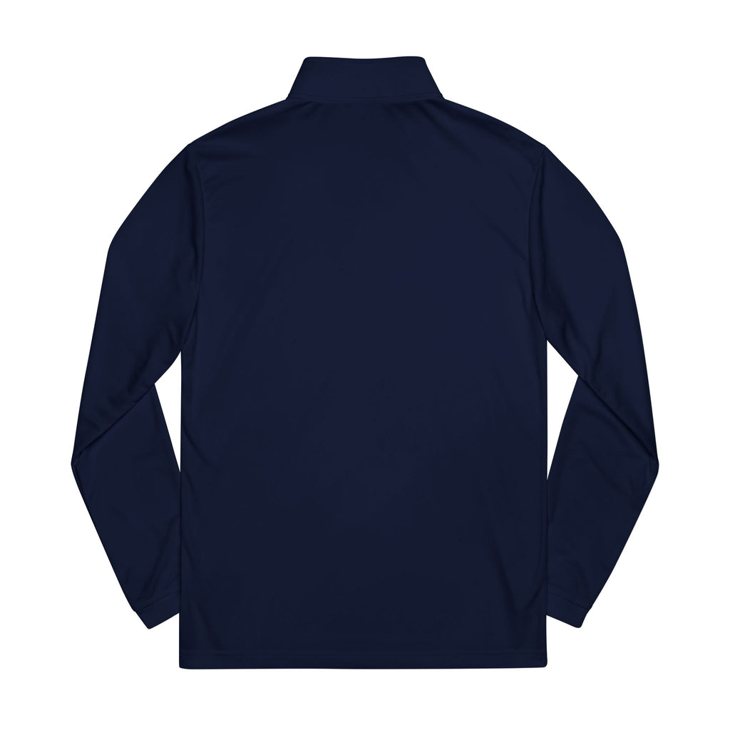 Embroidered Quarter-Zip Pullover — Abstract Gold & Navy Patch