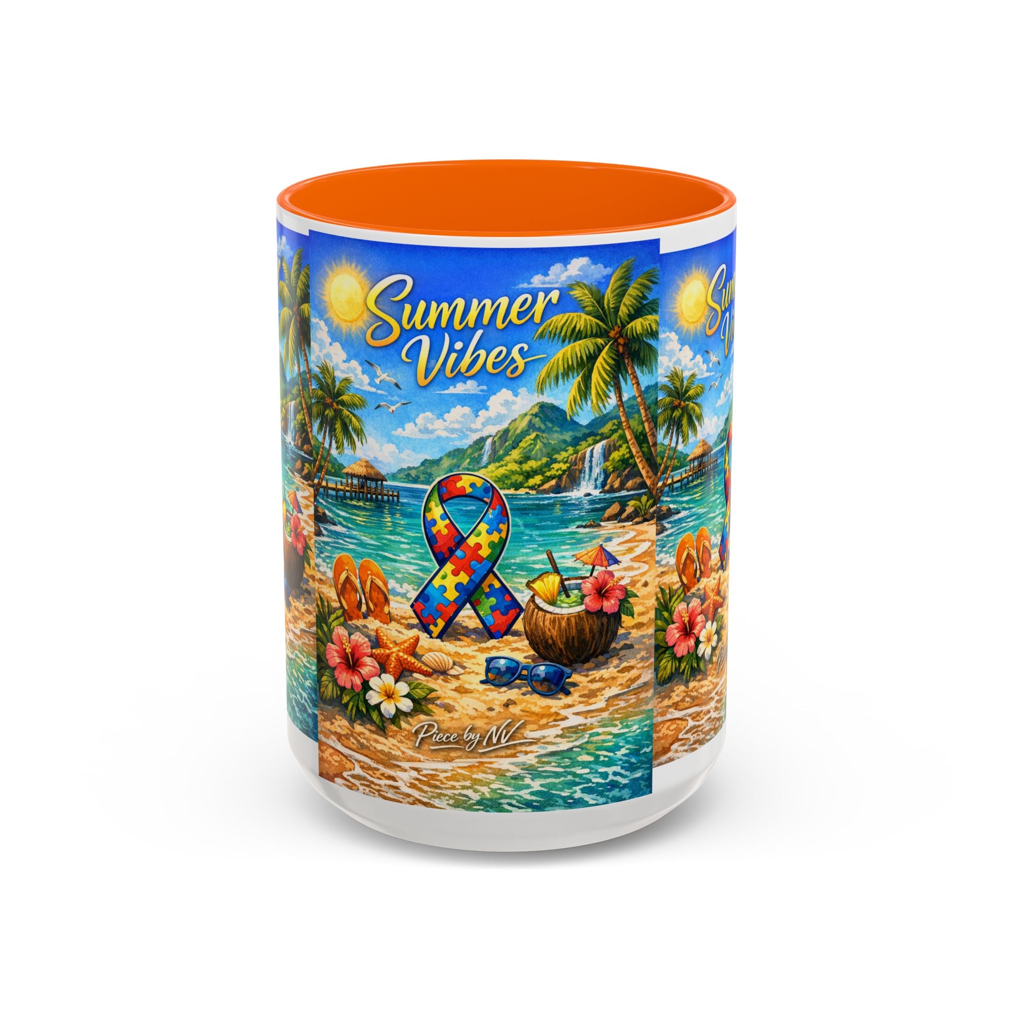 Tropical Palm Sunrise Mug | Ceramic Accent Coffee Mug 11oz 15oz, Summer Vibes Autism Awareness Mug – Tropical Beach Puzzle Ribbon Design
