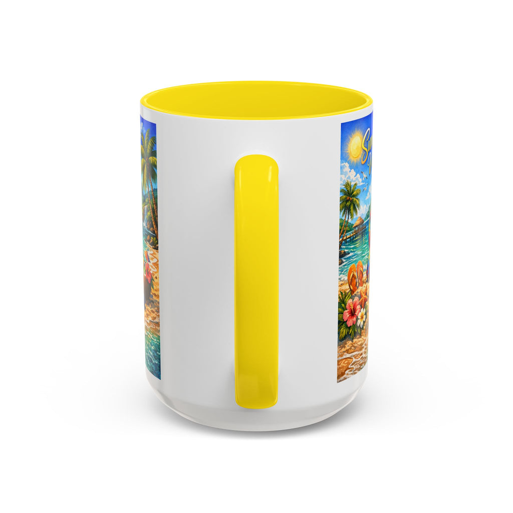 Tropical Palm Sunrise Mug | Ceramic Accent Coffee Mug 11oz 15oz, Summer Vibes Autism Awareness Mug – Tropical Beach Puzzle Ribbon Design