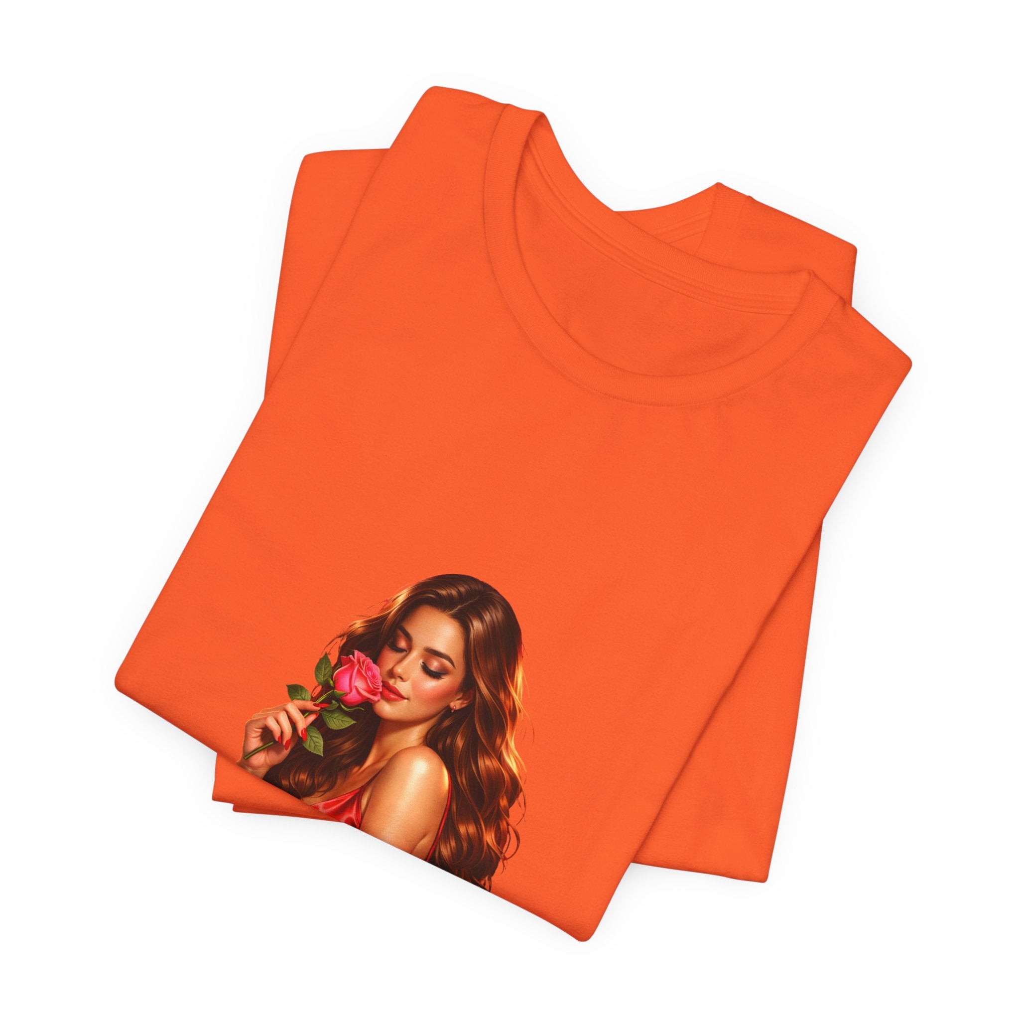 Woman with Rose Portrait Tee | Glamorous Red Dress Illustration