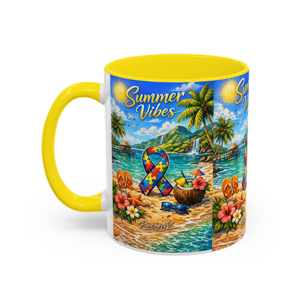 Tropical Palm Sunrise Mug | Ceramic Accent Coffee Mug 11oz 15oz, Summer Vibes Autism Awareness Mug – Tropical Beach Puzzle Ribbon Design