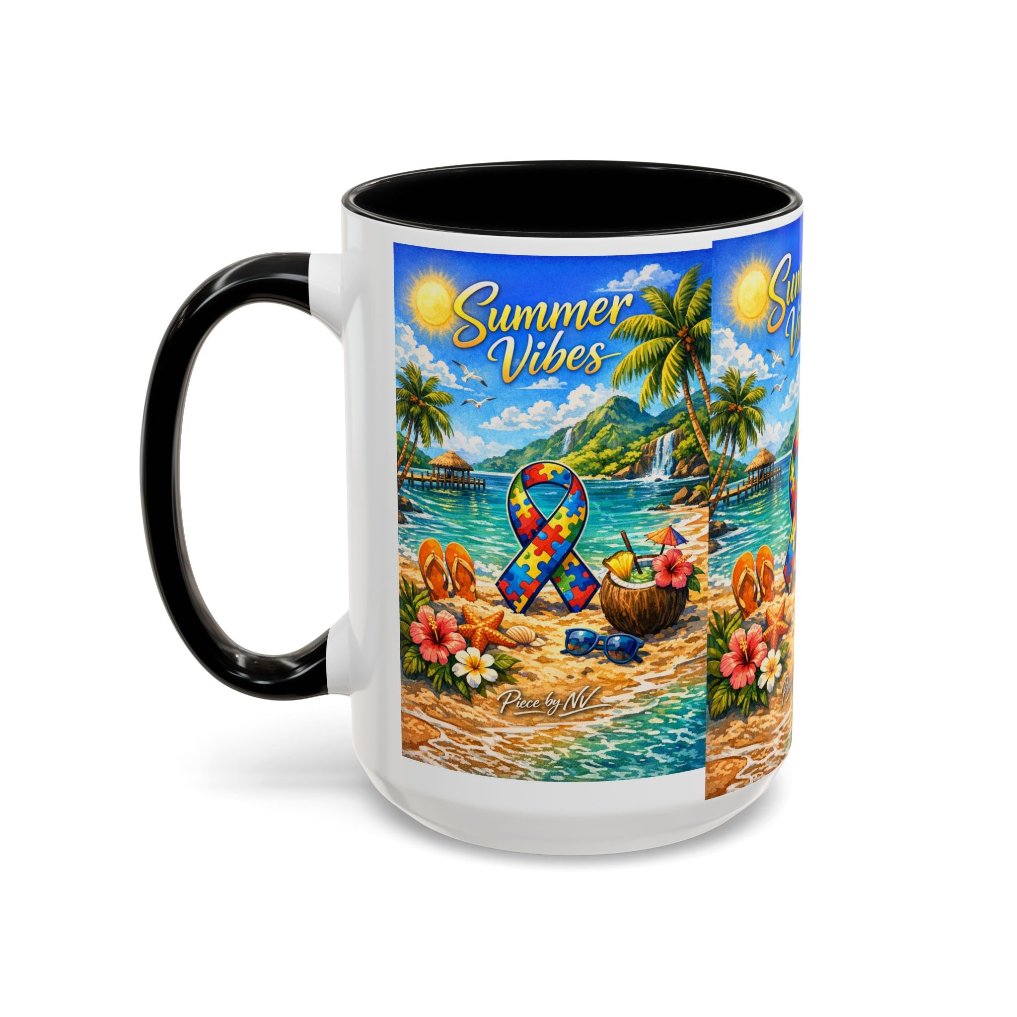 Tropical Palm Sunrise Mug | Ceramic Accent Coffee Mug 11oz 15oz, Summer Vibes Autism Awareness Mug – Tropical Beach Puzzle Ribbon Design