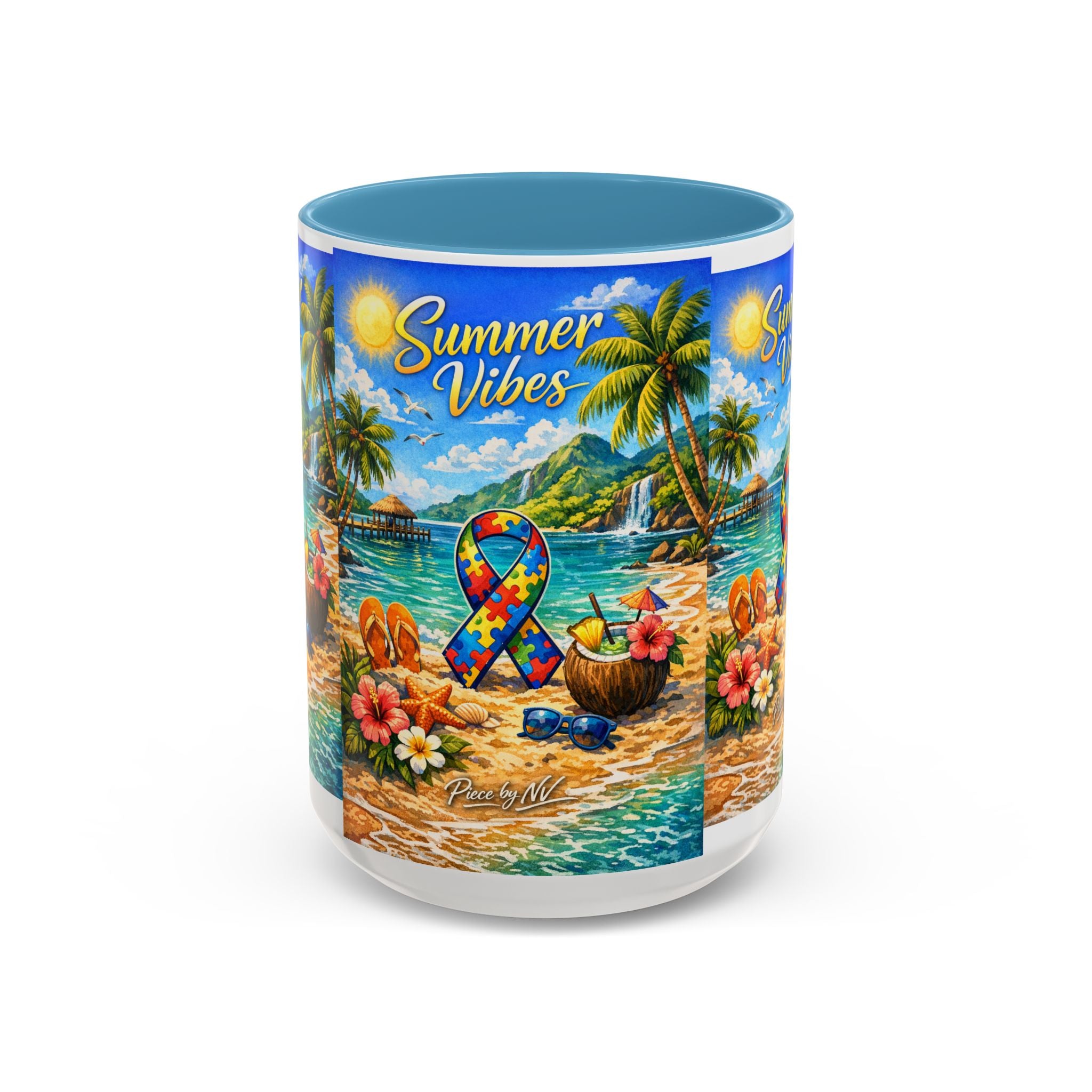 Tropical Palm Sunrise Mug | Ceramic Accent Coffee Mug 11oz 15oz, Summer Vibes Autism Awareness Mug – Tropical Beach Puzzle Ribbon Design