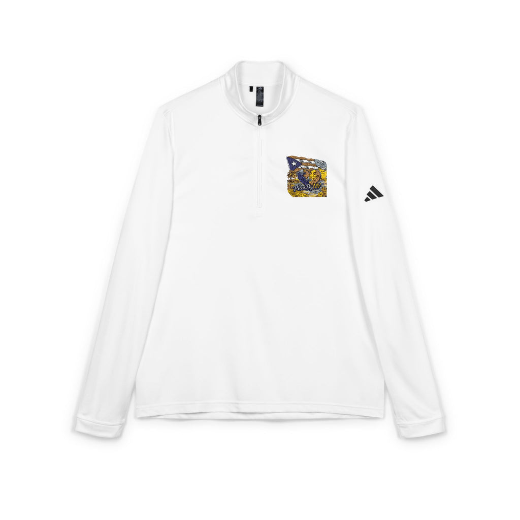 Embroidered Quarter-Zip Pullover — Abstract Gold & Navy Patch