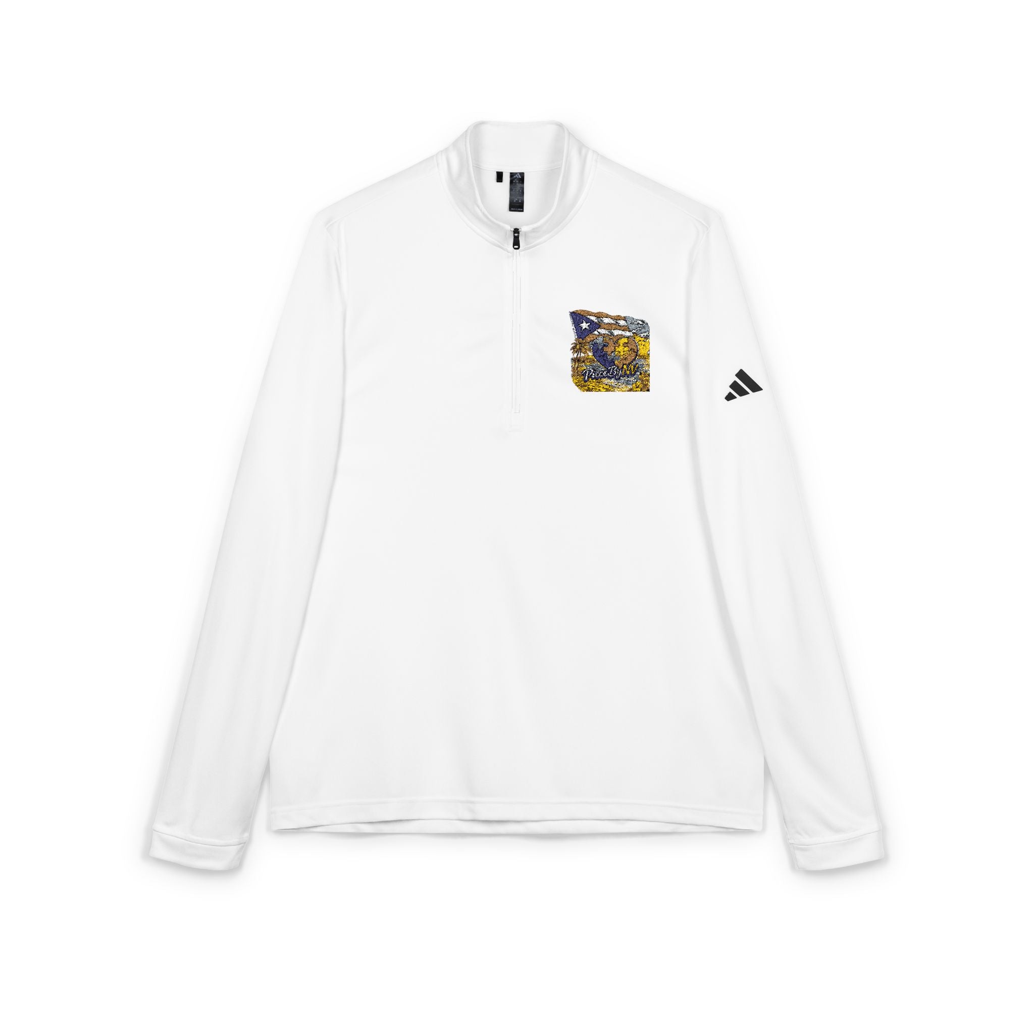 Embroidered Quarter-Zip Pullover — Abstract Gold & Navy Patch