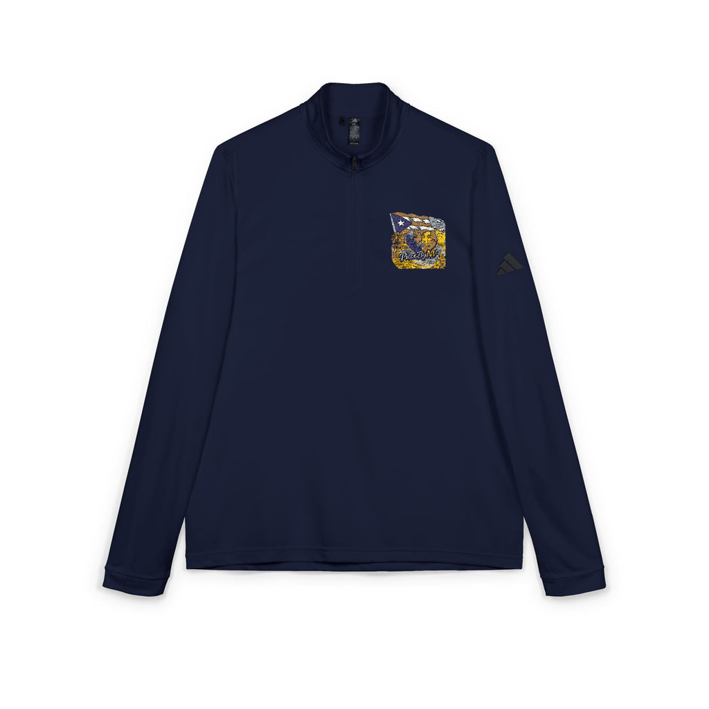 Embroidered Quarter-Zip Pullover — Abstract Gold & Navy Patch