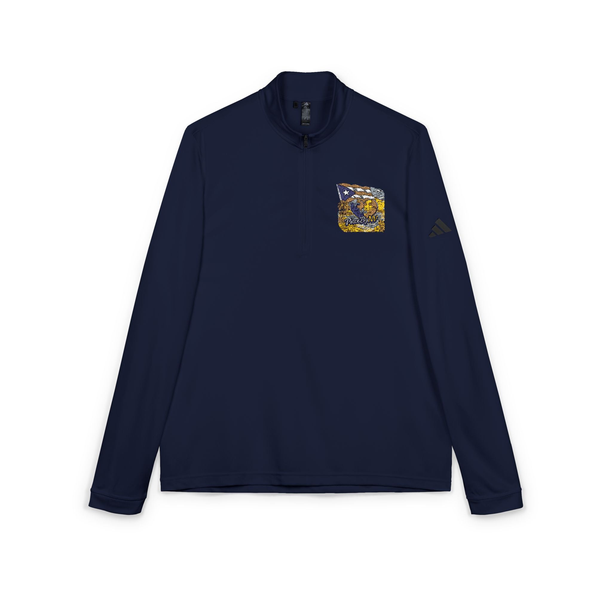 Embroidered Quarter-Zip Pullover — Abstract Gold & Navy Patch
