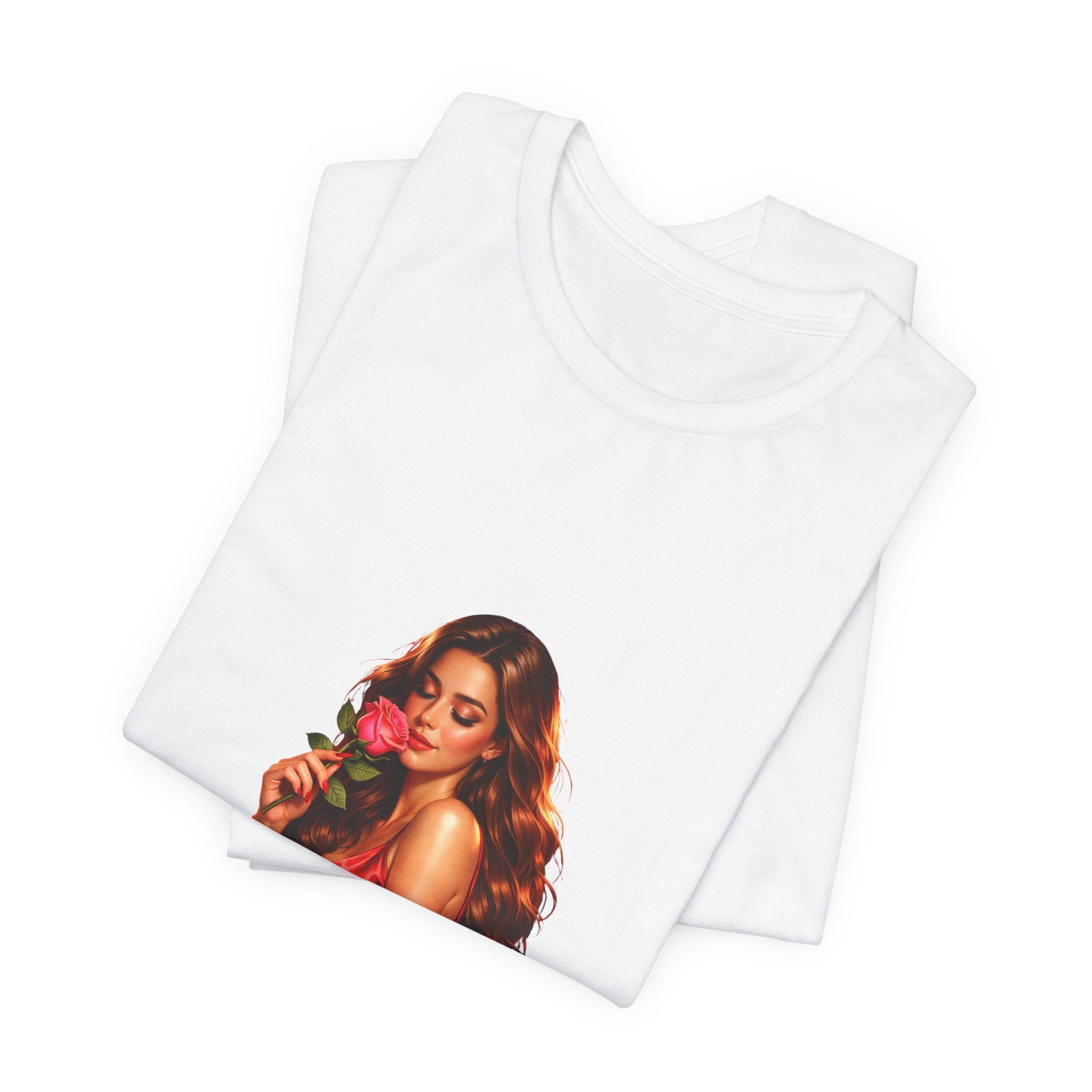 Woman with Rose Portrait Tee | Glamorous Red Dress Illustration
