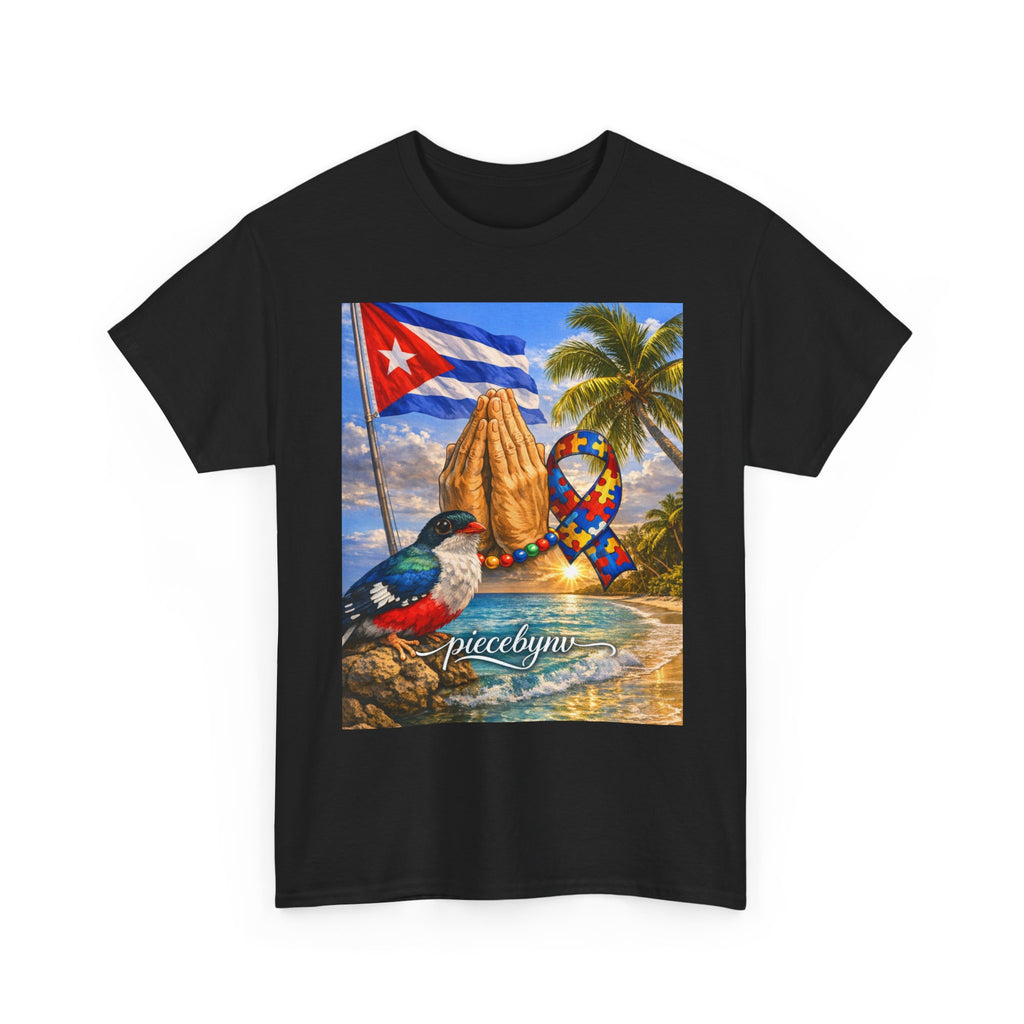 Cuban Beach Scene Prayer Hands T-Shirt | Cuban Flag, Tropical Palms, Hummingbird