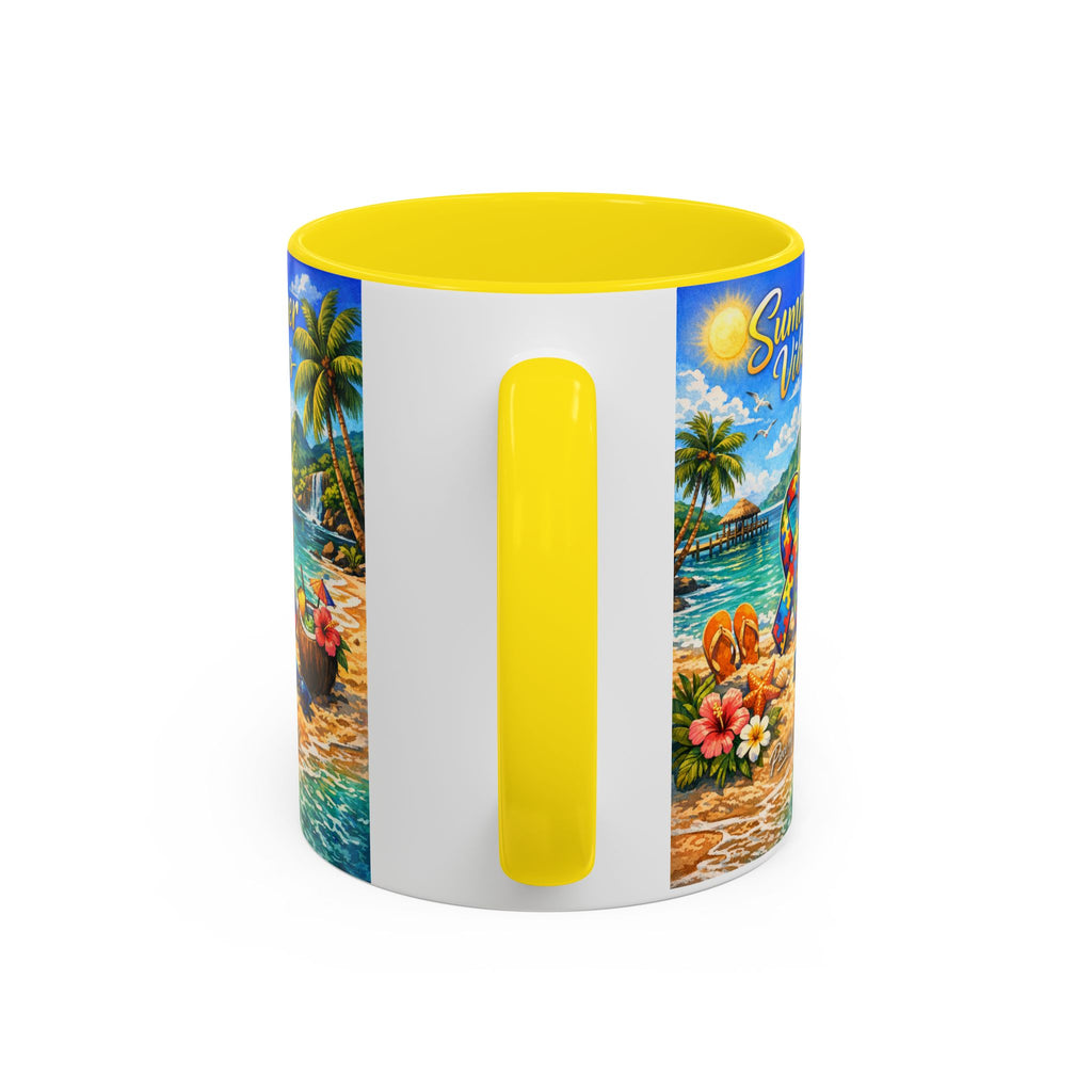 Tropical Palm Sunrise Mug | Ceramic Accent Coffee Mug 11oz 15oz, Summer Vibes Autism Awareness Mug – Tropical Beach Puzzle Ribbon Design