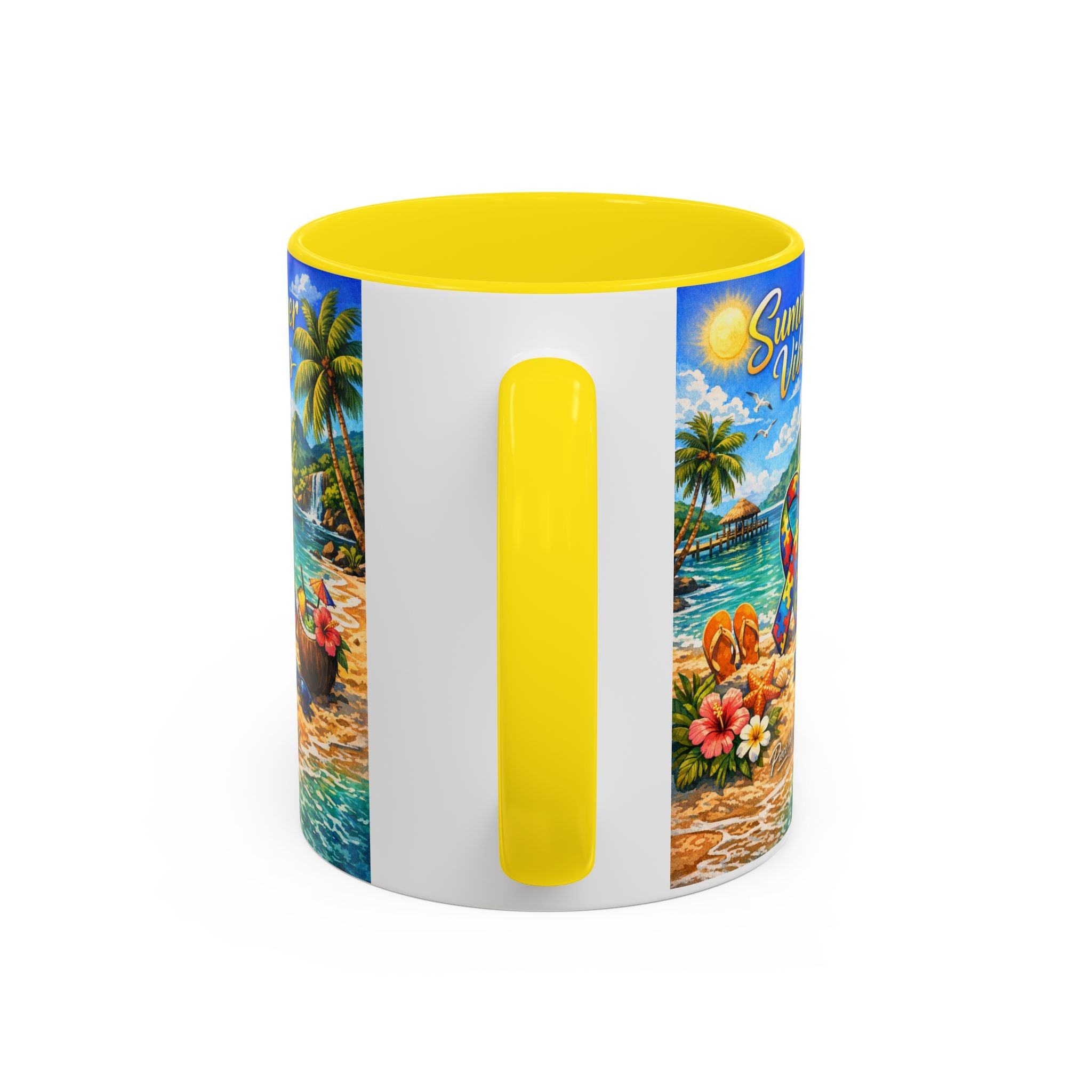 Tropical Palm Sunrise Mug | Ceramic Accent Coffee Mug 11oz 15oz, Summer Vibes Autism Awareness Mug – Tropical Beach Puzzle Ribbon Design