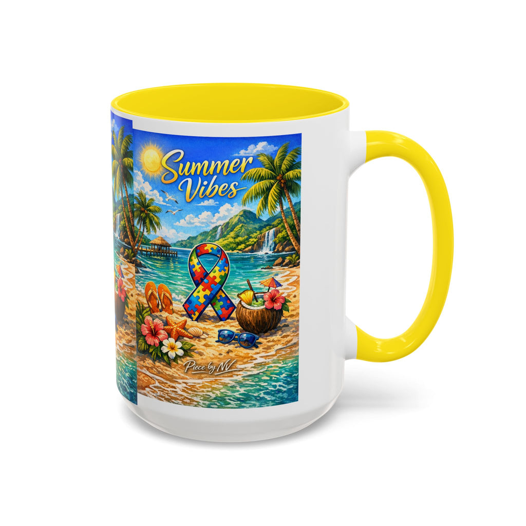 Tropical Palm Sunrise Mug | Ceramic Accent Coffee Mug 11oz 15oz, Summer Vibes Autism Awareness Mug – Tropical Beach Puzzle Ribbon Design
