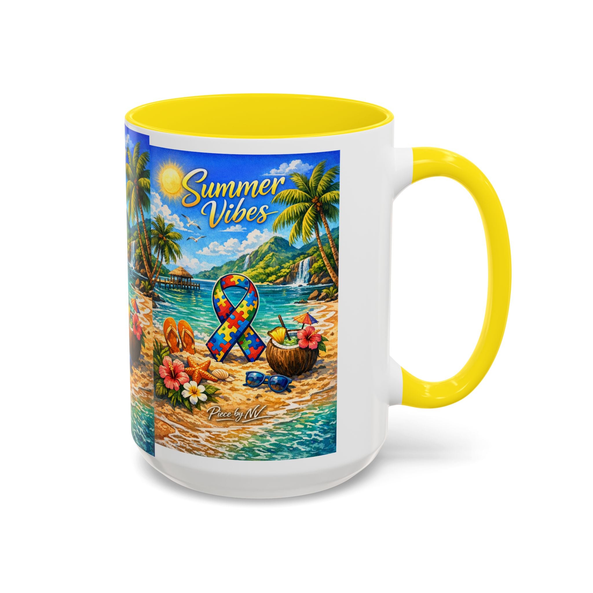 Tropical Palm Sunrise Mug | Ceramic Accent Coffee Mug 11oz 15oz, Summer Vibes Autism Awareness Mug – Tropical Beach Puzzle Ribbon Design