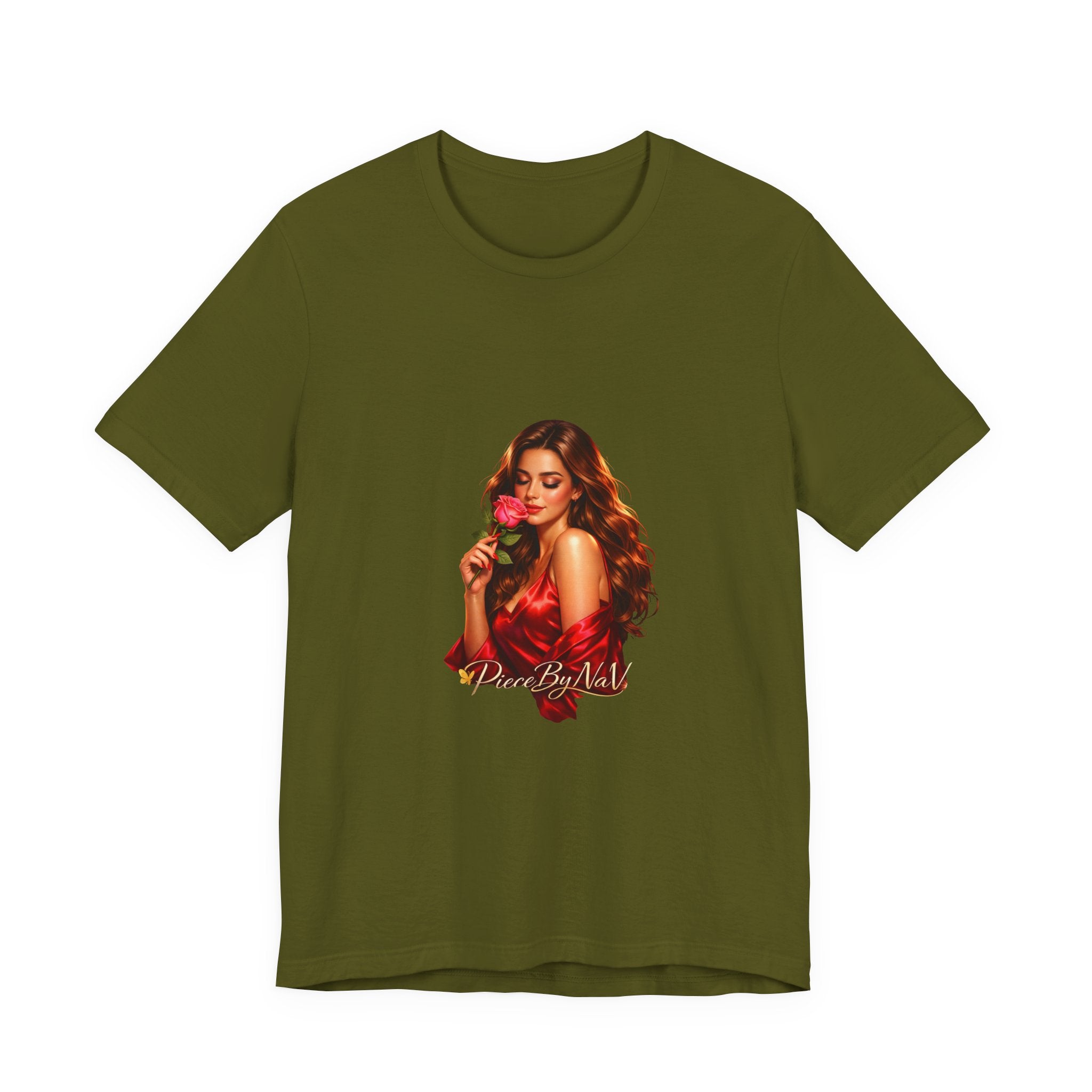Woman with Rose Portrait Tee | Glamorous Red Dress Illustration