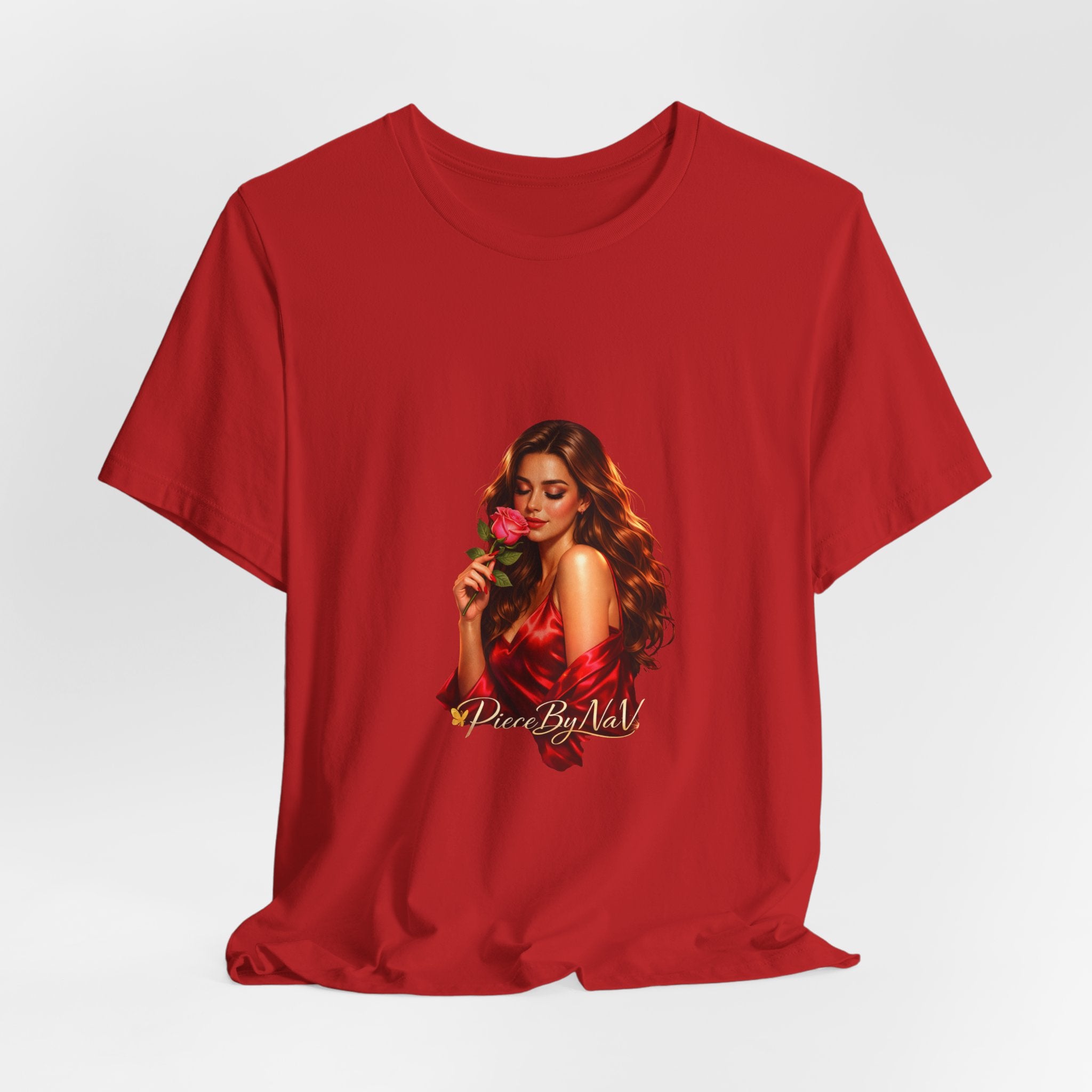 Woman with Rose Portrait Tee | Glamorous Red Dress Illustration