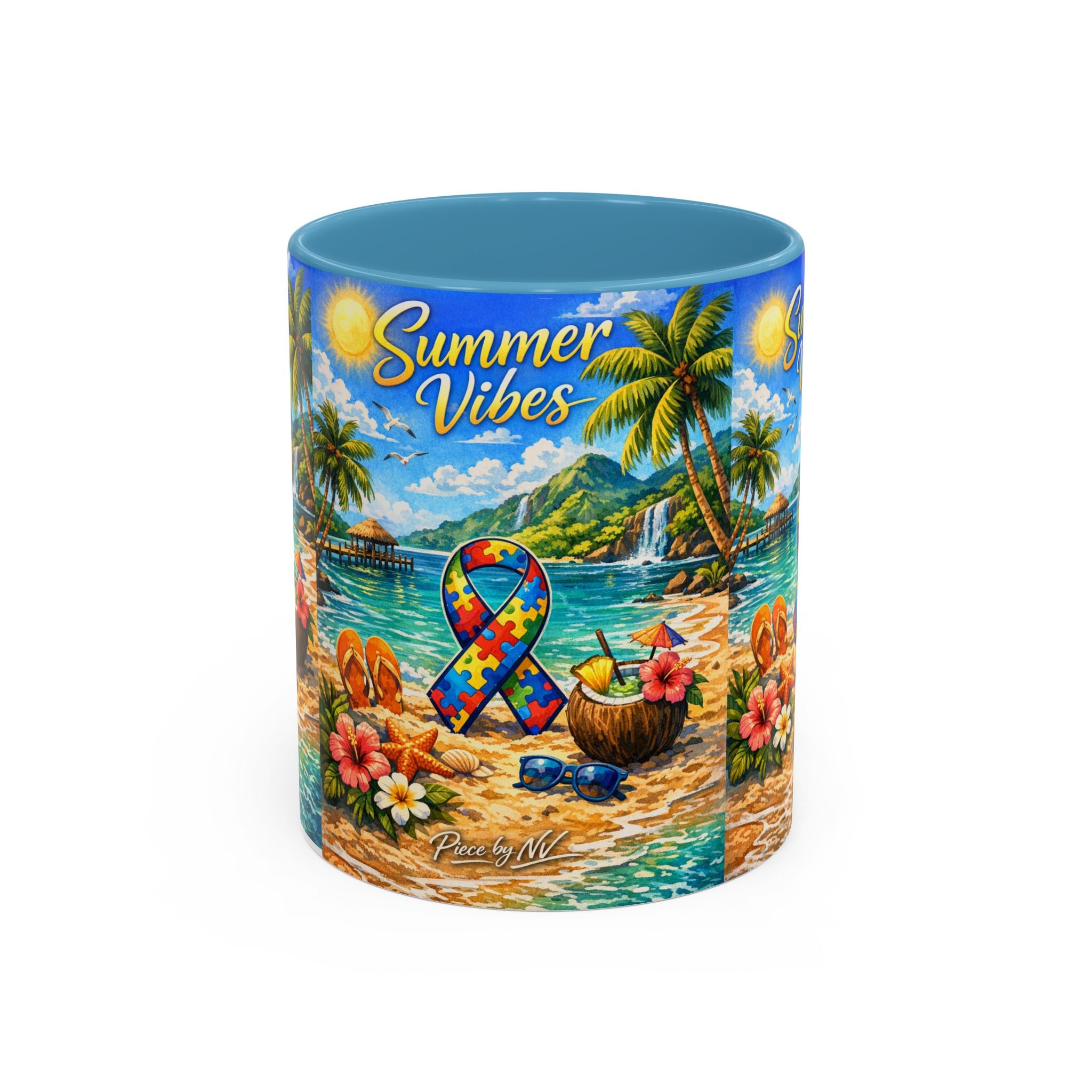 Tropical Palm Sunrise Mug | Ceramic Accent Coffee Mug 11oz 15oz, Summer Vibes Autism Awareness Mug – Tropical Beach Puzzle Ribbon Design