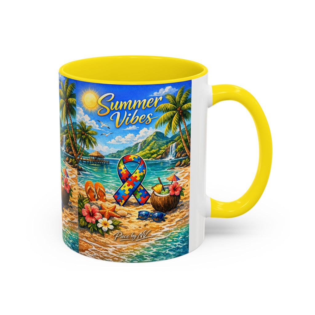 Tropical Palm Sunrise Mug | Ceramic Accent Coffee Mug 11oz 15oz, Summer Vibes Autism Awareness Mug – Tropical Beach Puzzle Ribbon Design