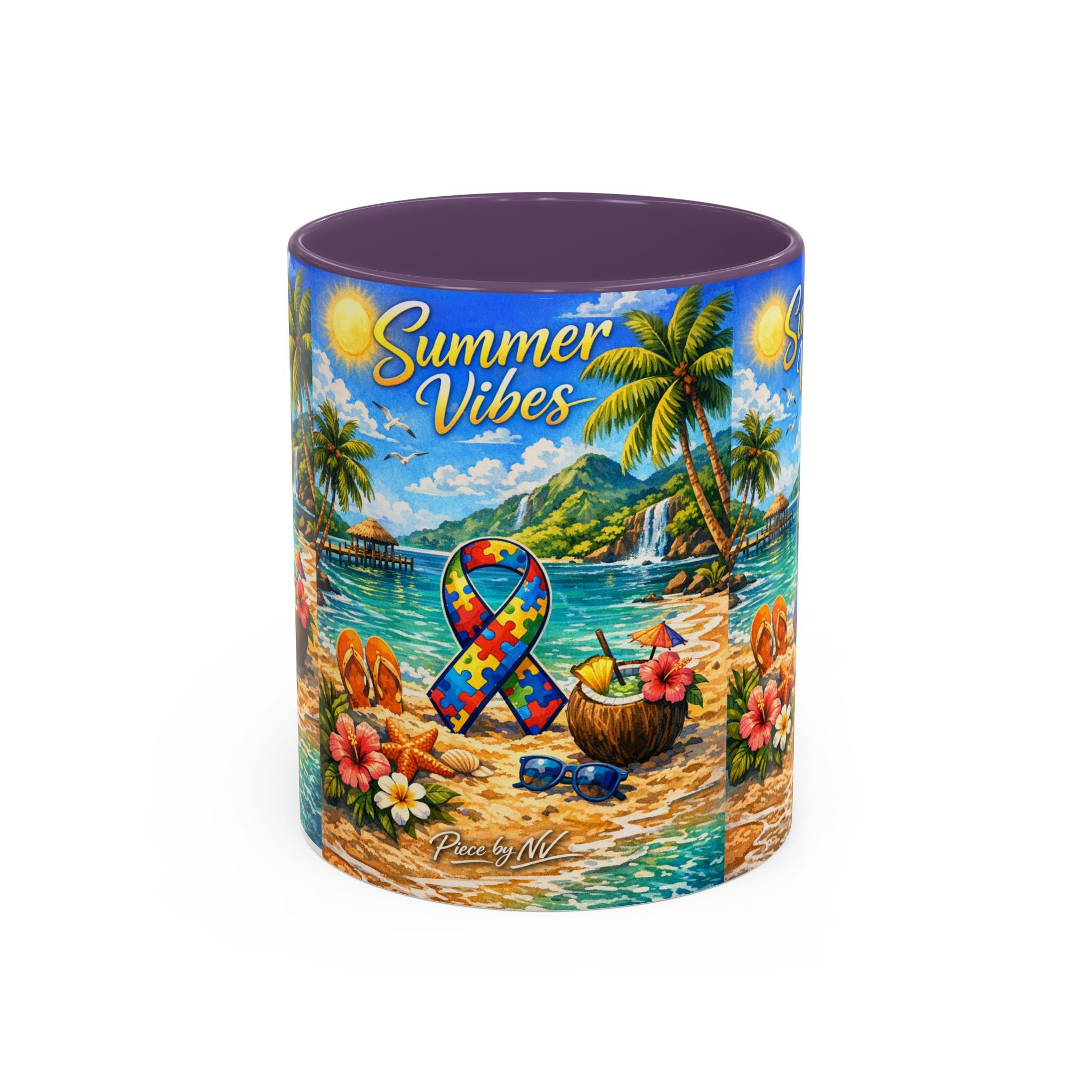 Tropical Palm Sunrise Mug | Ceramic Accent Coffee Mug 11oz 15oz, Summer Vibes Autism Awareness Mug – Tropical Beach Puzzle Ribbon Design