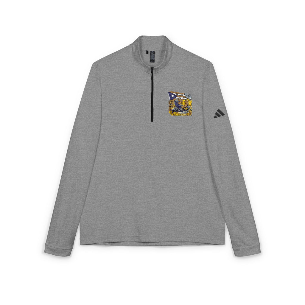 Embroidered Quarter-Zip Pullover — Abstract Gold & Navy Patch