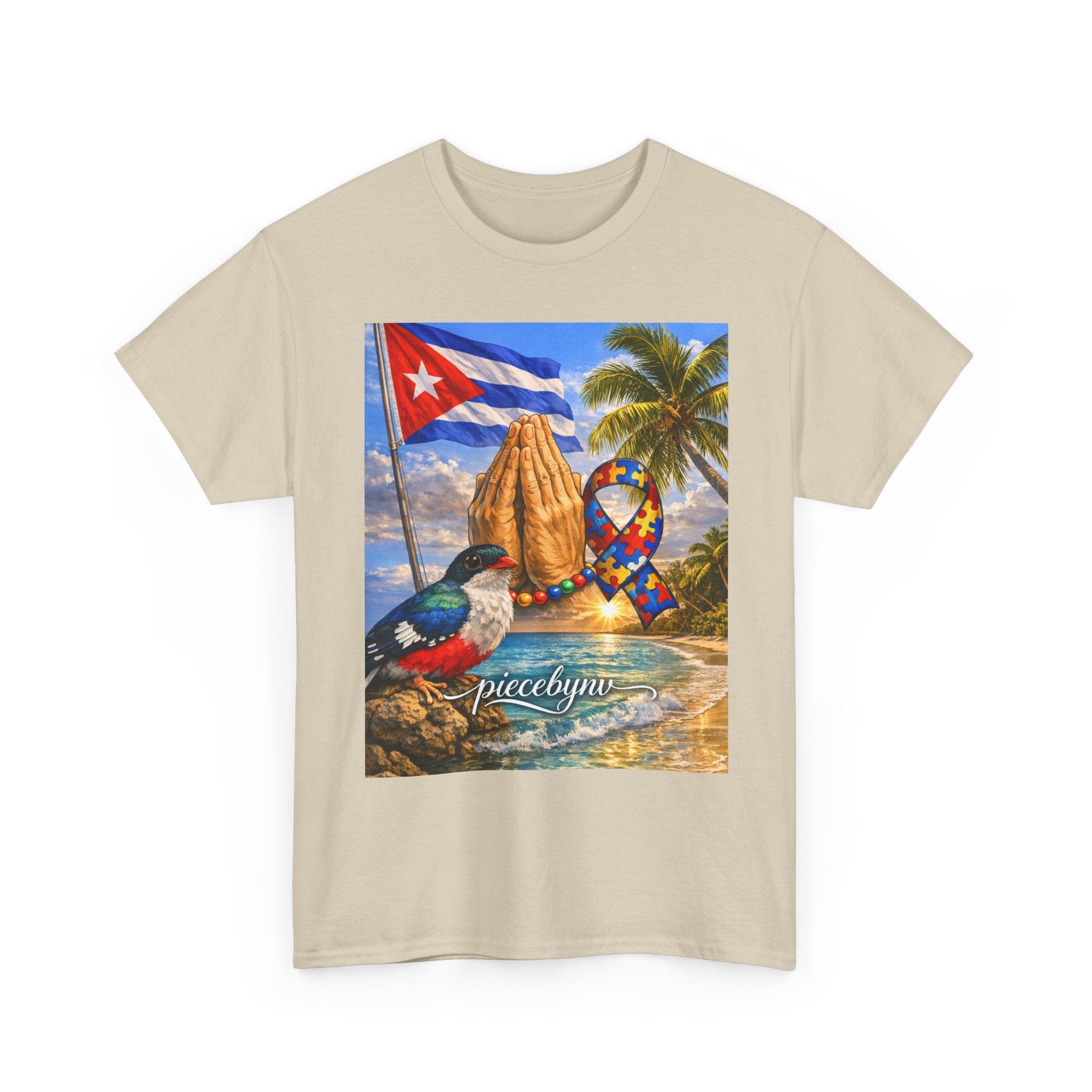 Cuban Beach Scene Prayer Hands T-Shirt | Cuban Flag, Tropical Palms, Hummingbird