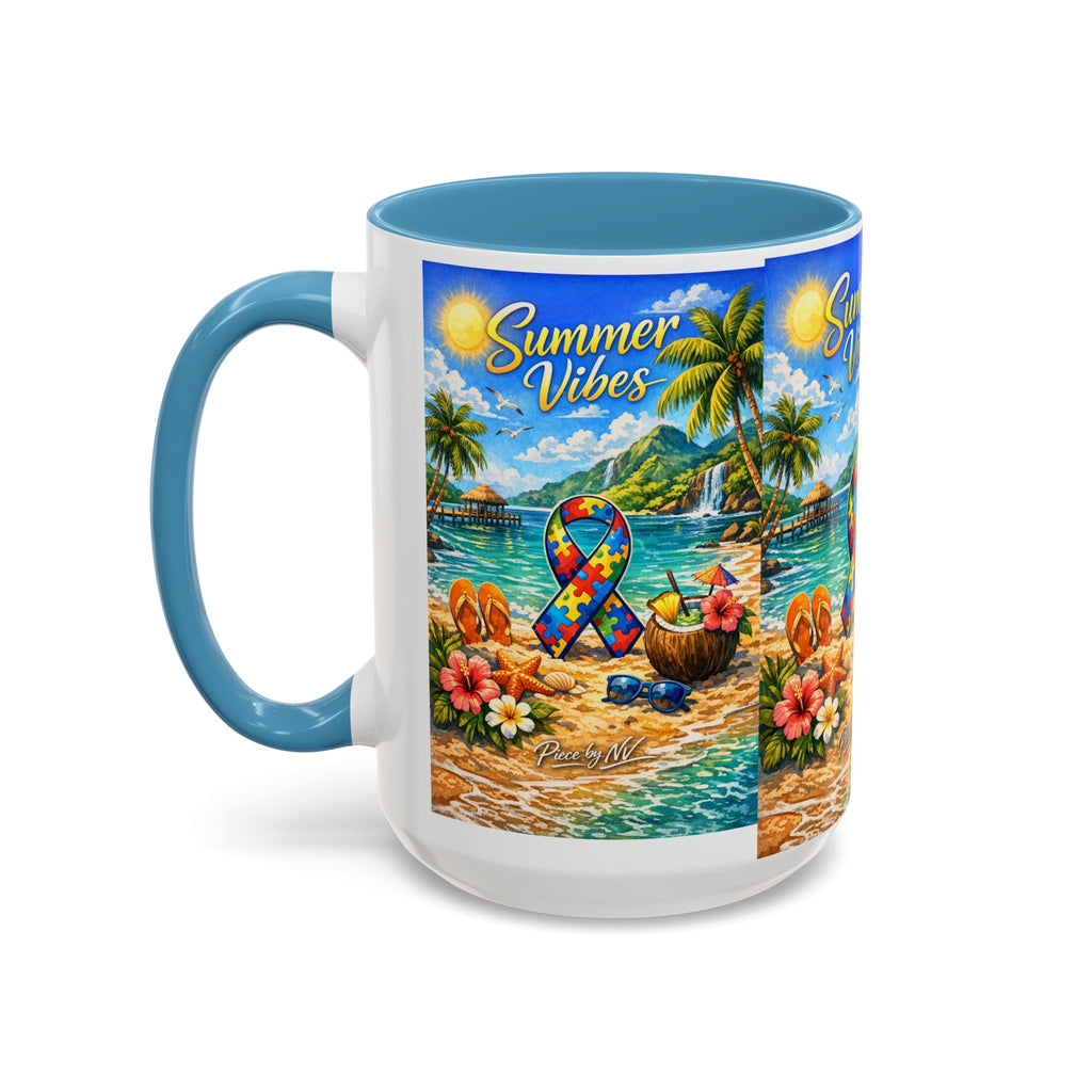 Tropical Palm Sunrise Mug | Ceramic Accent Coffee Mug 11oz 15oz, Summer Vibes Autism Awareness Mug – Tropical Beach Puzzle Ribbon Design