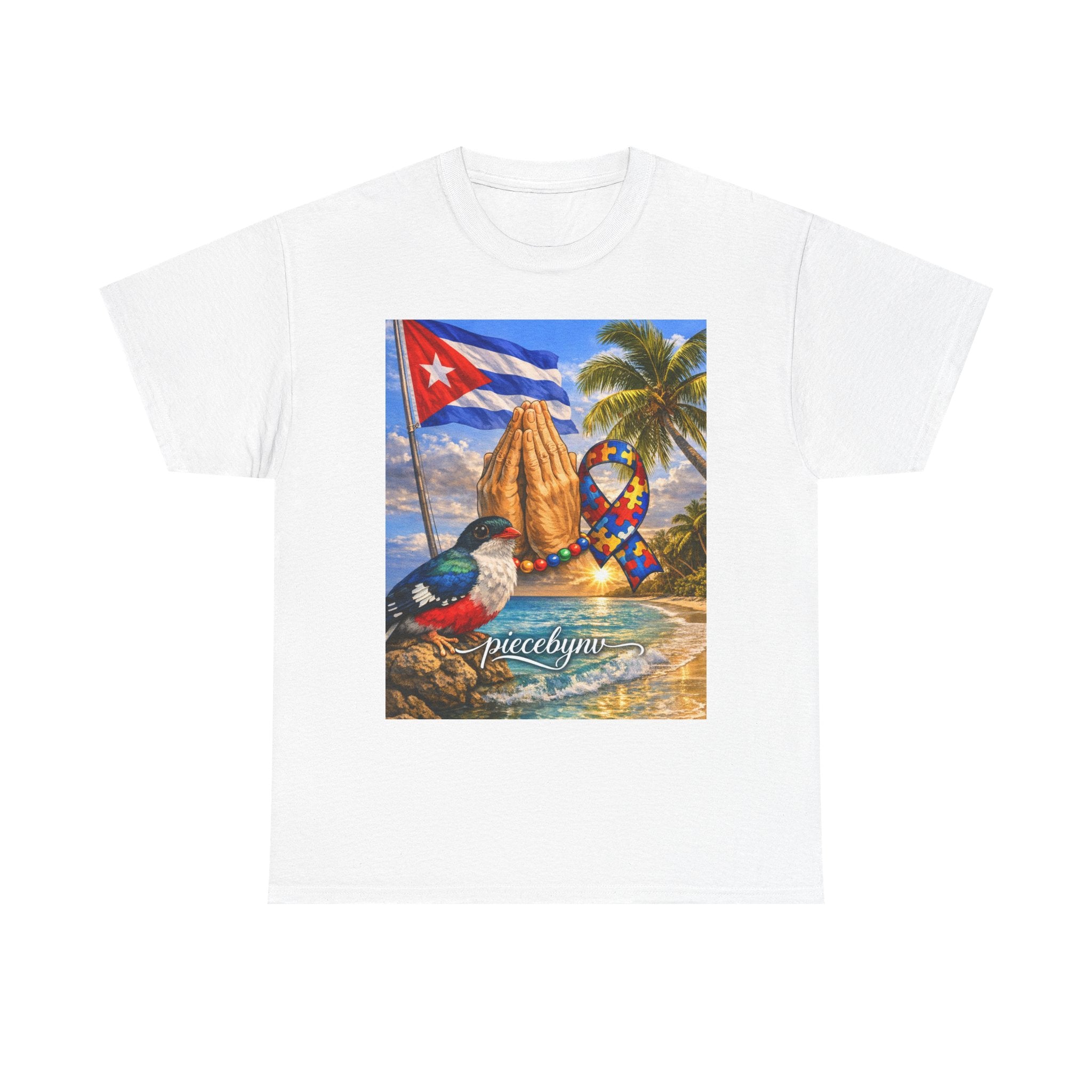 Cuban Beach Scene Prayer Hands T-Shirt | Cuban Flag, Tropical Palms, Hummingbird