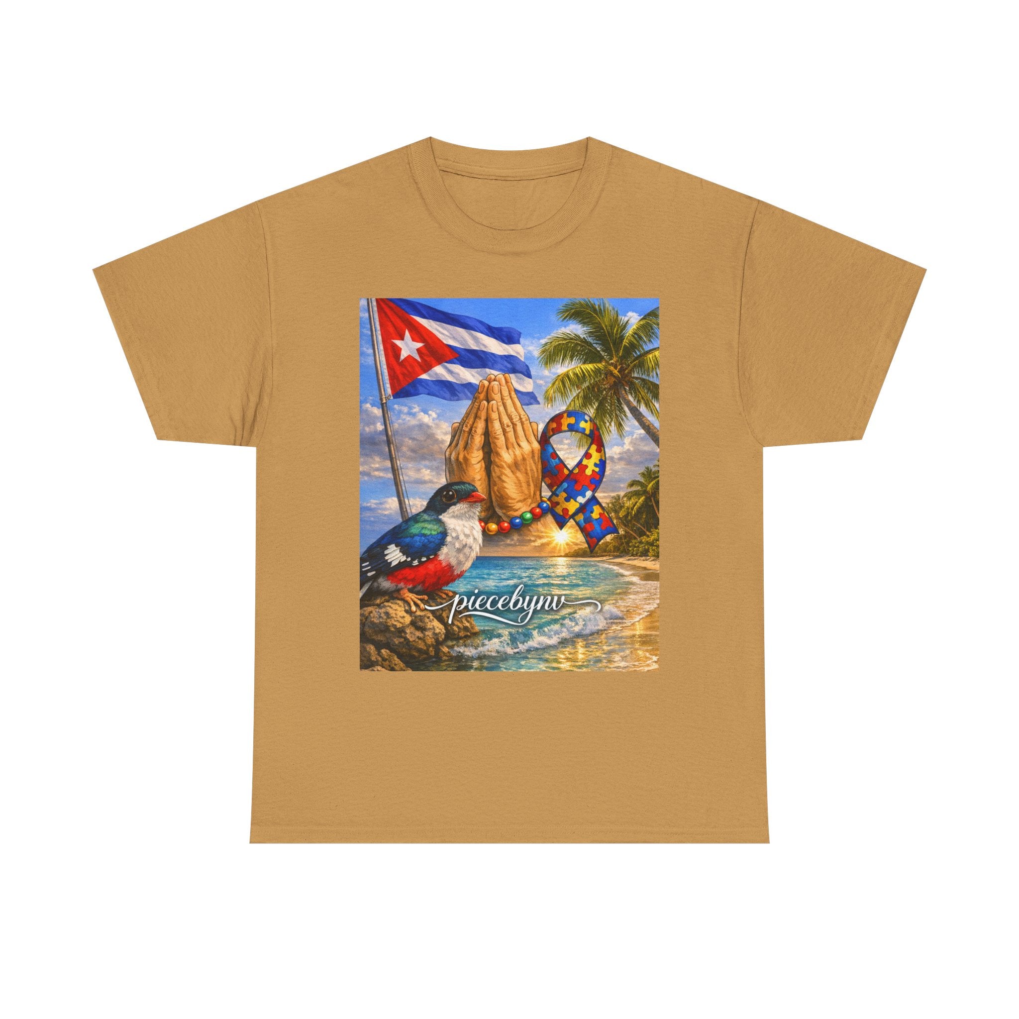 Cuban Beach Scene Prayer Hands T-Shirt | Cuban Flag, Tropical Palms, Hummingbird