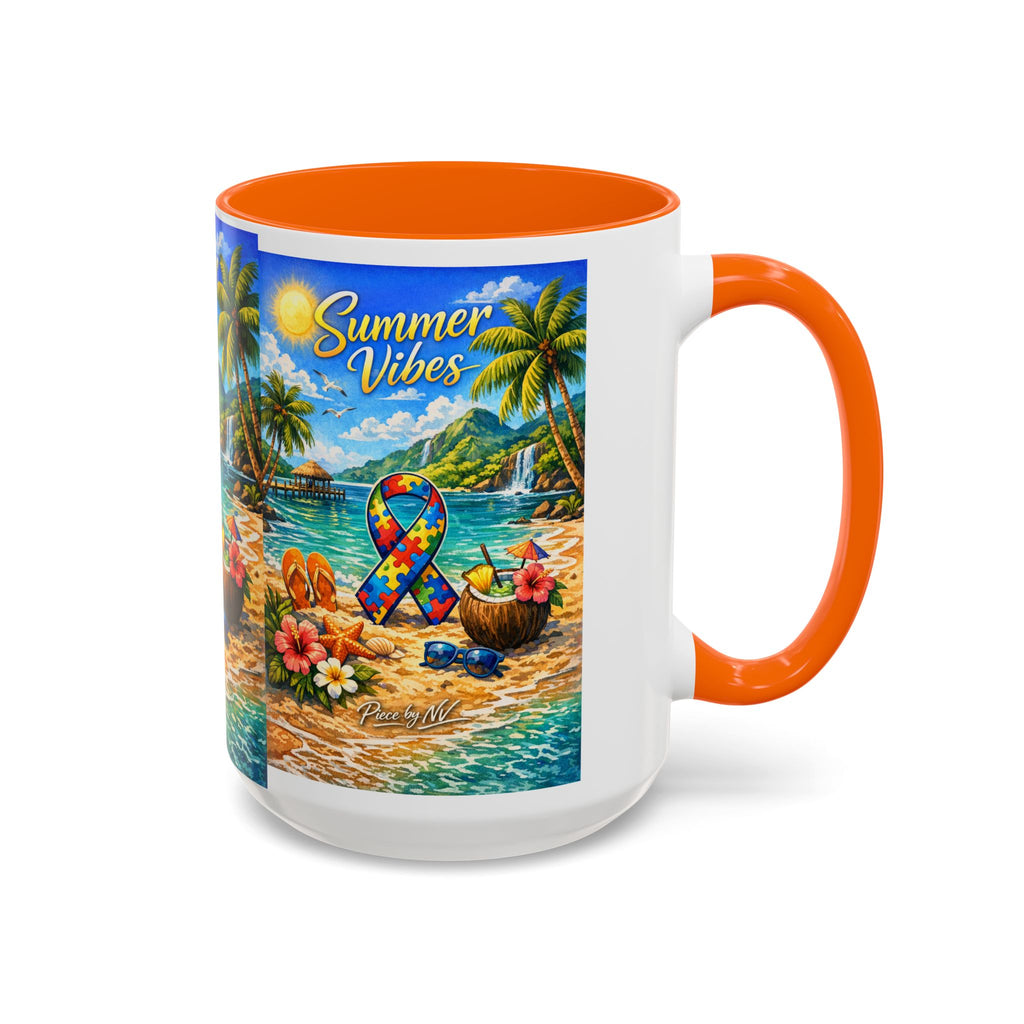 Tropical Palm Sunrise Mug | Ceramic Accent Coffee Mug 11oz 15oz, Summer Vibes Autism Awareness Mug – Tropical Beach Puzzle Ribbon Design