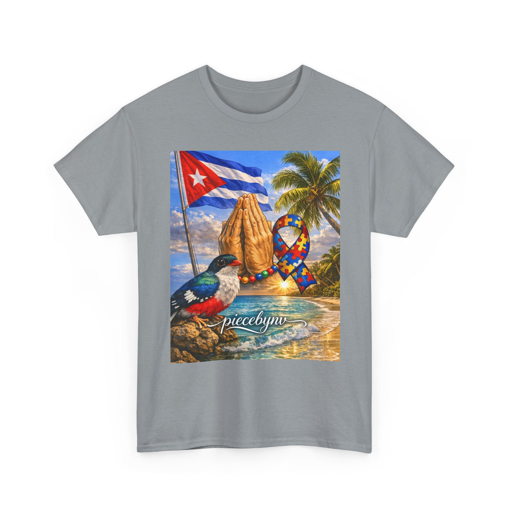 Cuban Beach Scene Prayer Hands T-Shirt | Cuban Flag, Tropical Palms, Hummingbird