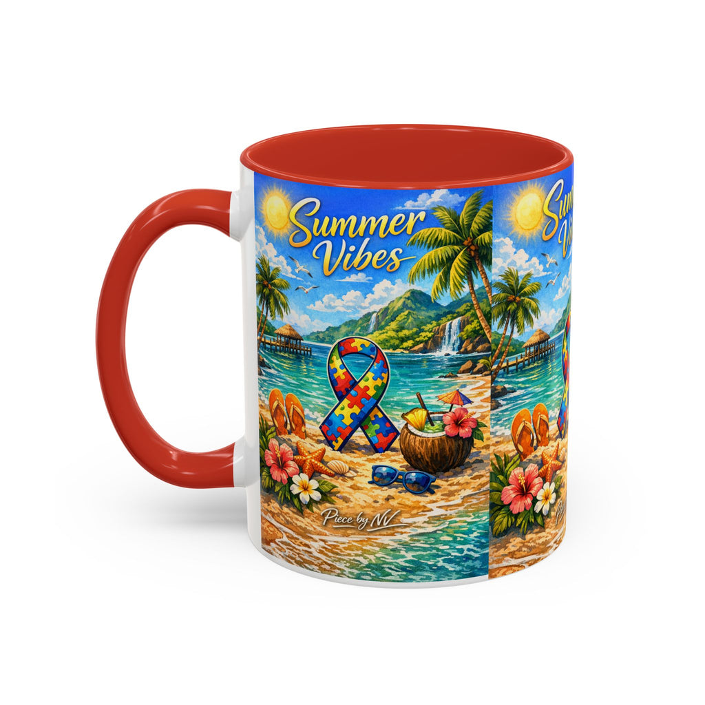 Tropical Palm Sunrise Mug | Ceramic Accent Coffee Mug 11oz 15oz, Summer Vibes Autism Awareness Mug – Tropical Beach Puzzle Ribbon Design