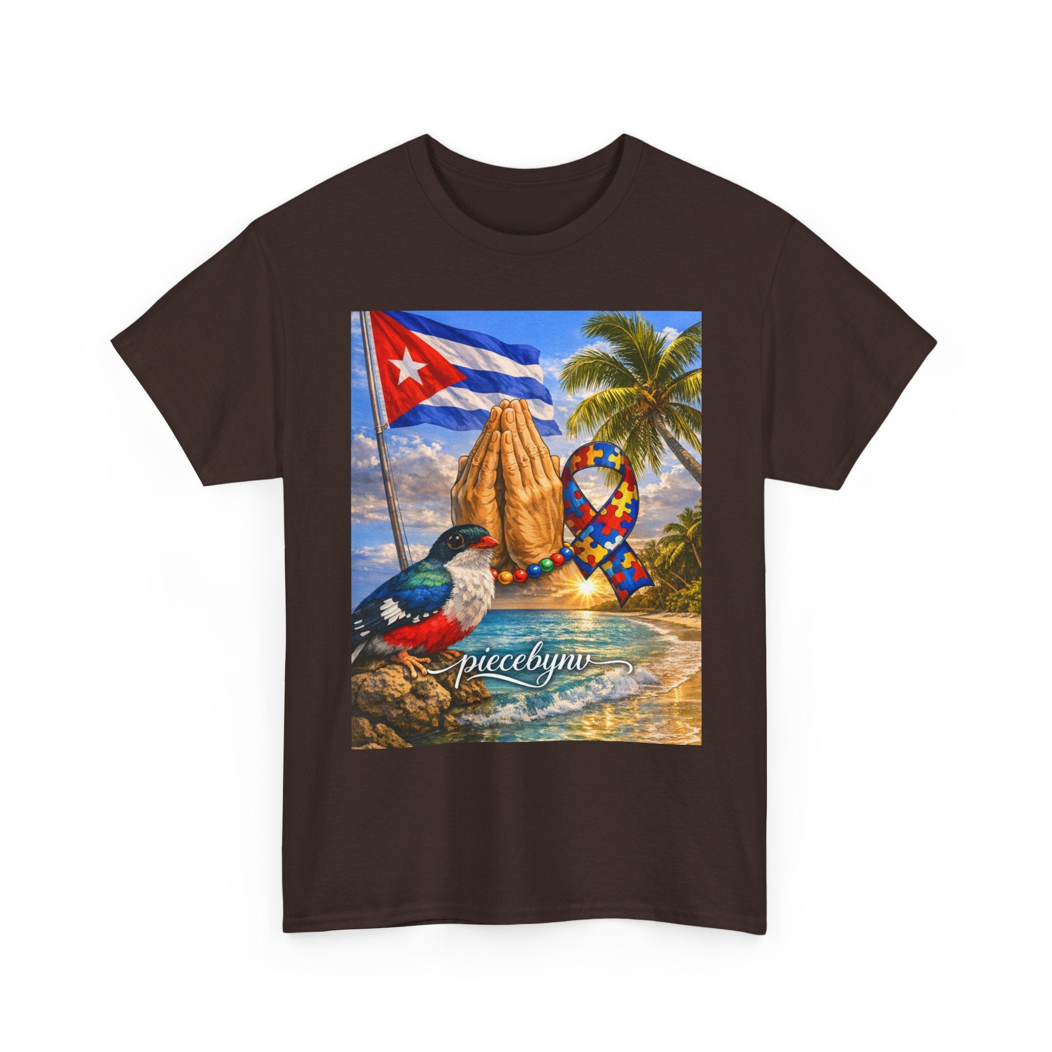 Cuban Beach Scene Prayer Hands T-Shirt | Cuban Flag, Tropical Palms, Hummingbird