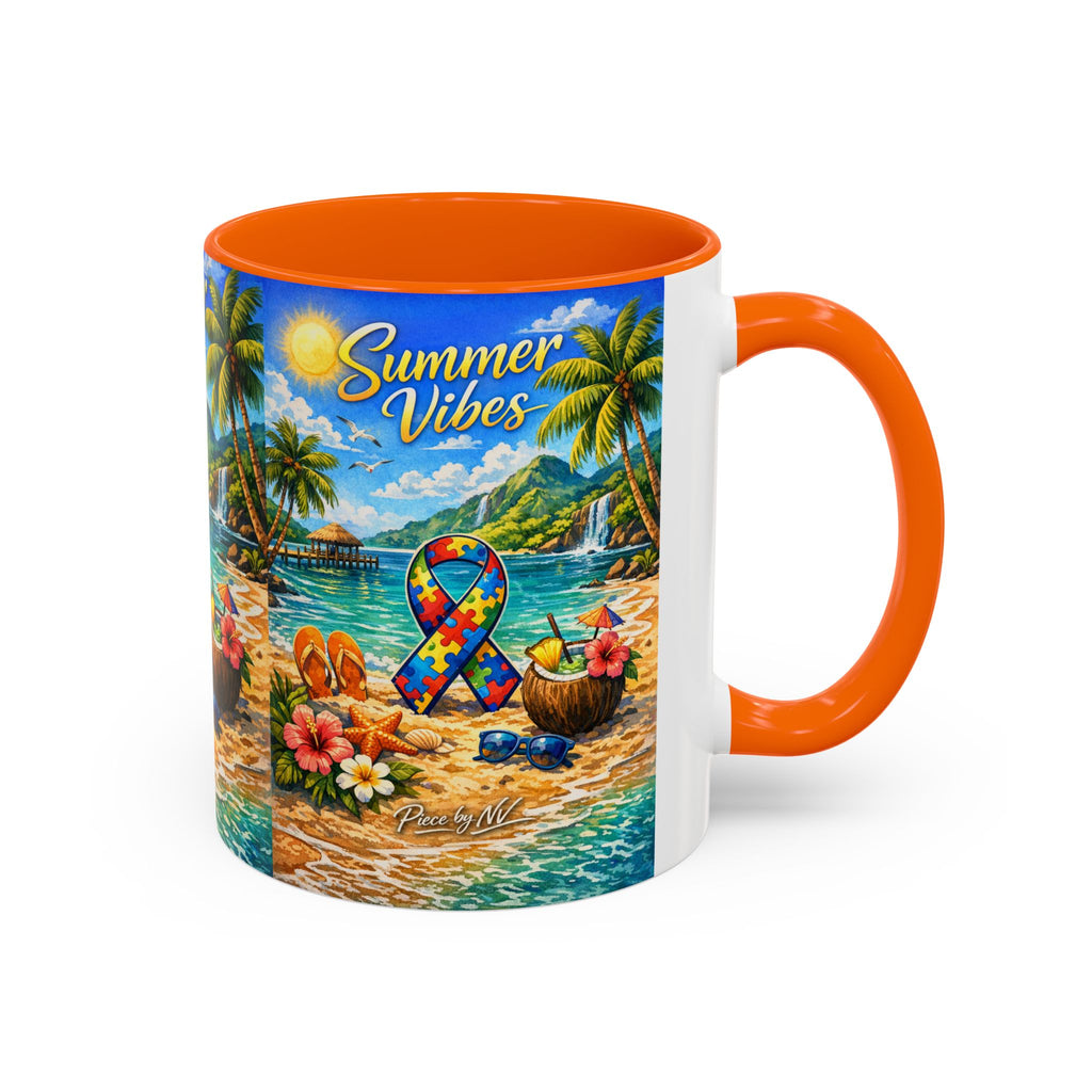 Tropical Palm Sunrise Mug | Ceramic Accent Coffee Mug 11oz 15oz, Summer Vibes Autism Awareness Mug – Tropical Beach Puzzle Ribbon Design