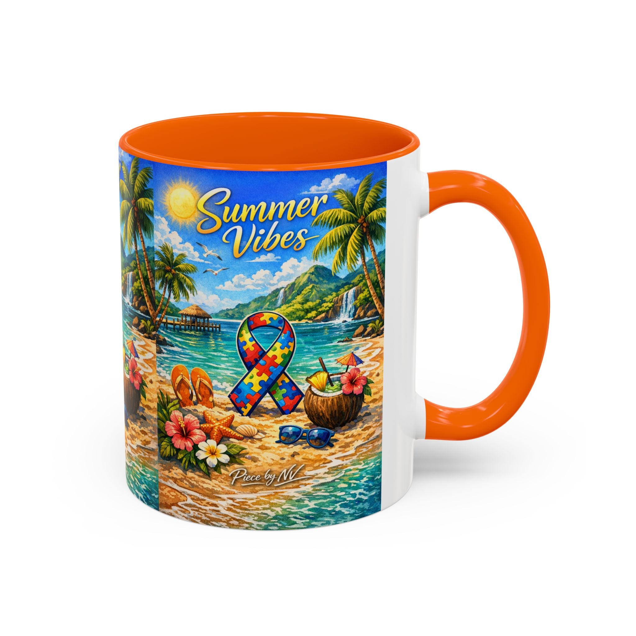 Tropical Palm Sunrise Mug | Ceramic Accent Coffee Mug 11oz 15oz, Summer Vibes Autism Awareness Mug – Tropical Beach Puzzle Ribbon Design