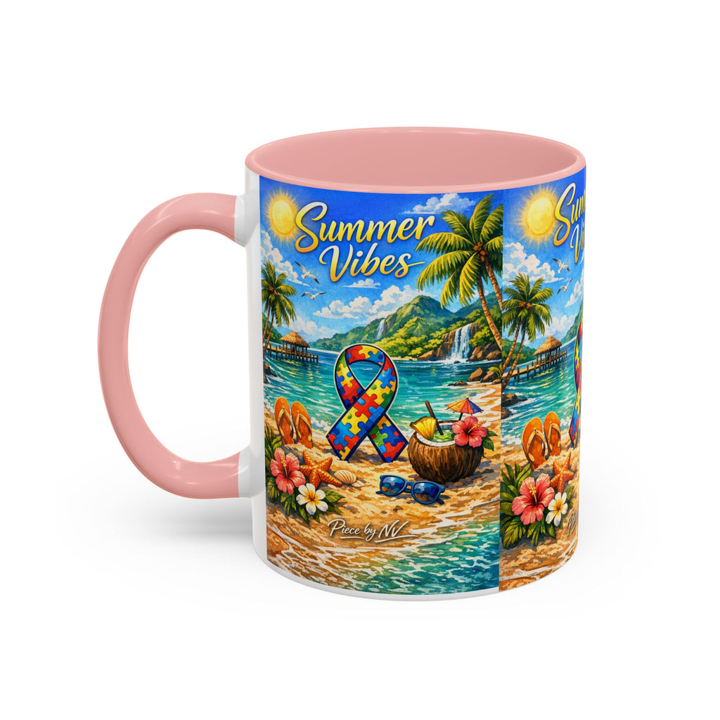 Tropical Palm Sunrise Mug | Ceramic Accent Coffee Mug 11oz 15oz, Summer Vibes Autism Awareness Mug – Tropical Beach Puzzle Ribbon Design