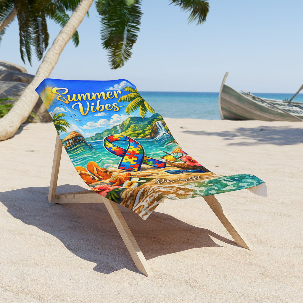 Autism Puzzle Ribbon Summer Vibes Beach Towel | Tropical Ocean Scene