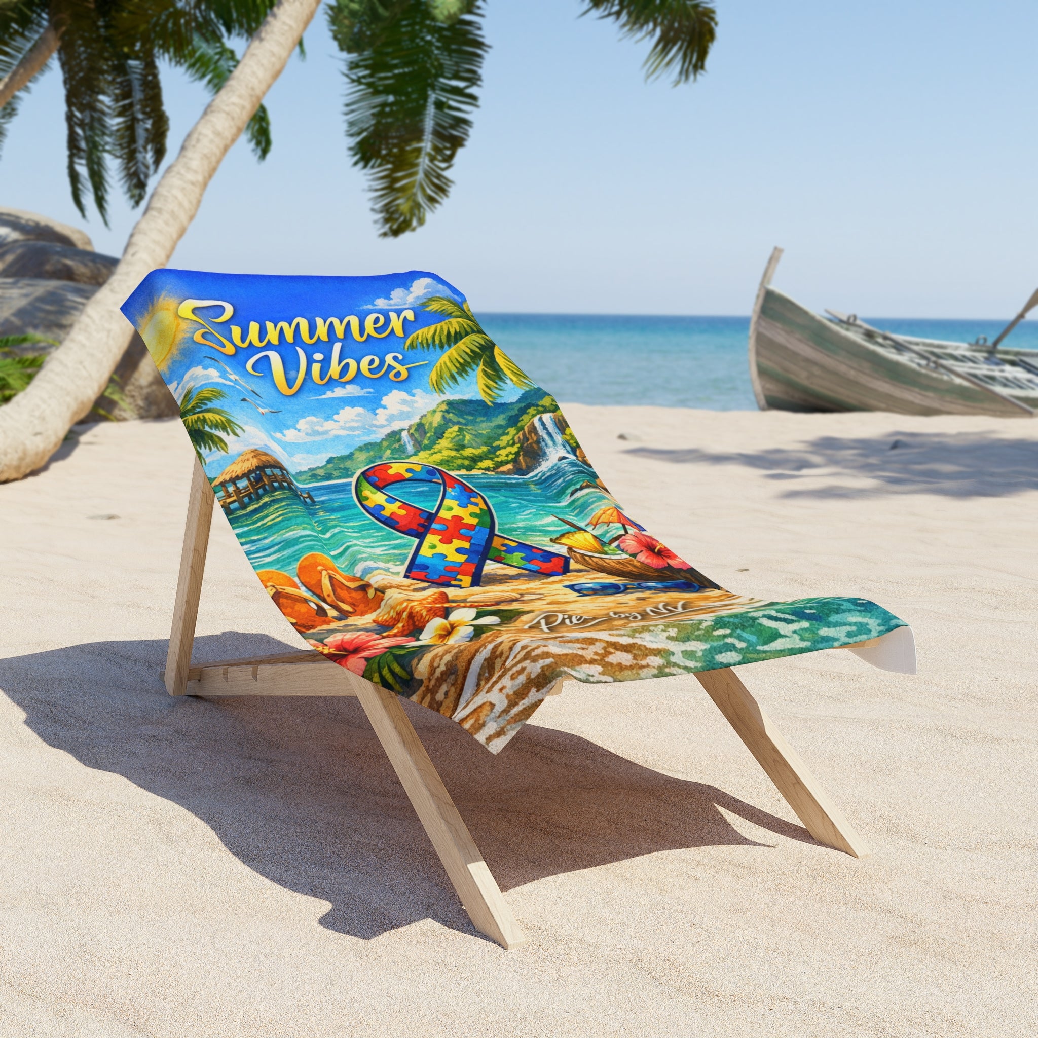 Autism Puzzle Ribbon Summer Vibes Beach Towel | Tropical Ocean Scene
